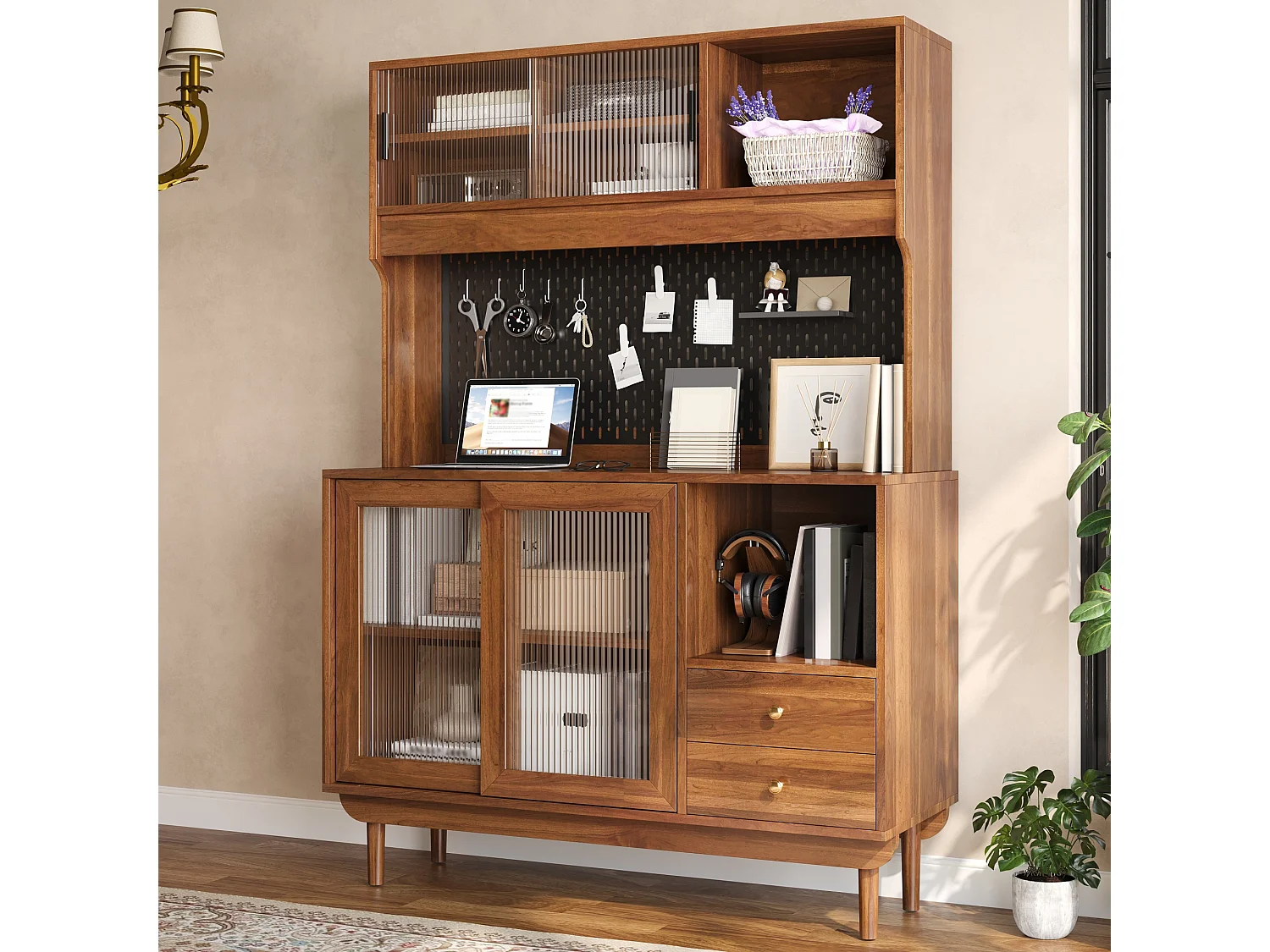 Buffet de cuisine avec 4 portes coulissantes en verre cannelé, 2 tiroirs et panneau perforé - MDF - 117 x 30 x 170 cm - Noyer
