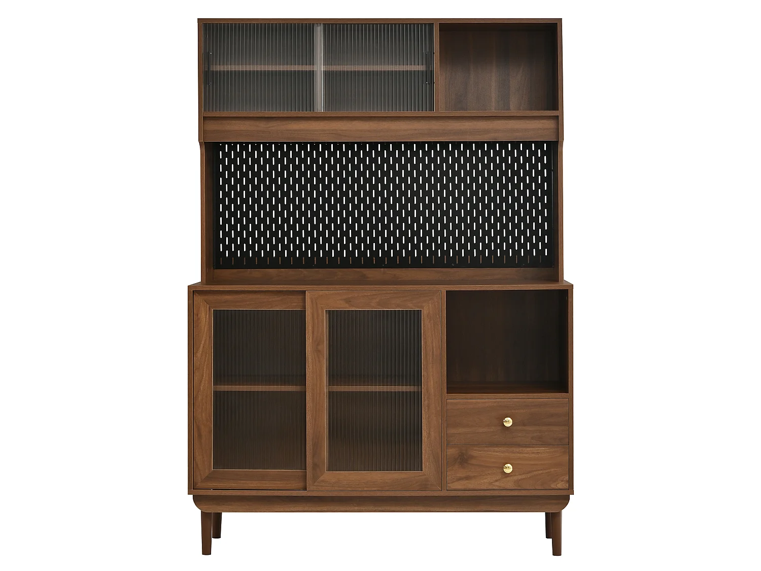 Buffet de cuisine avec 4 portes coulissantes en verre cannelé, 2 tiroirs et panneau perforé - MDF - 117 x 30 x 170 cm - Noyer