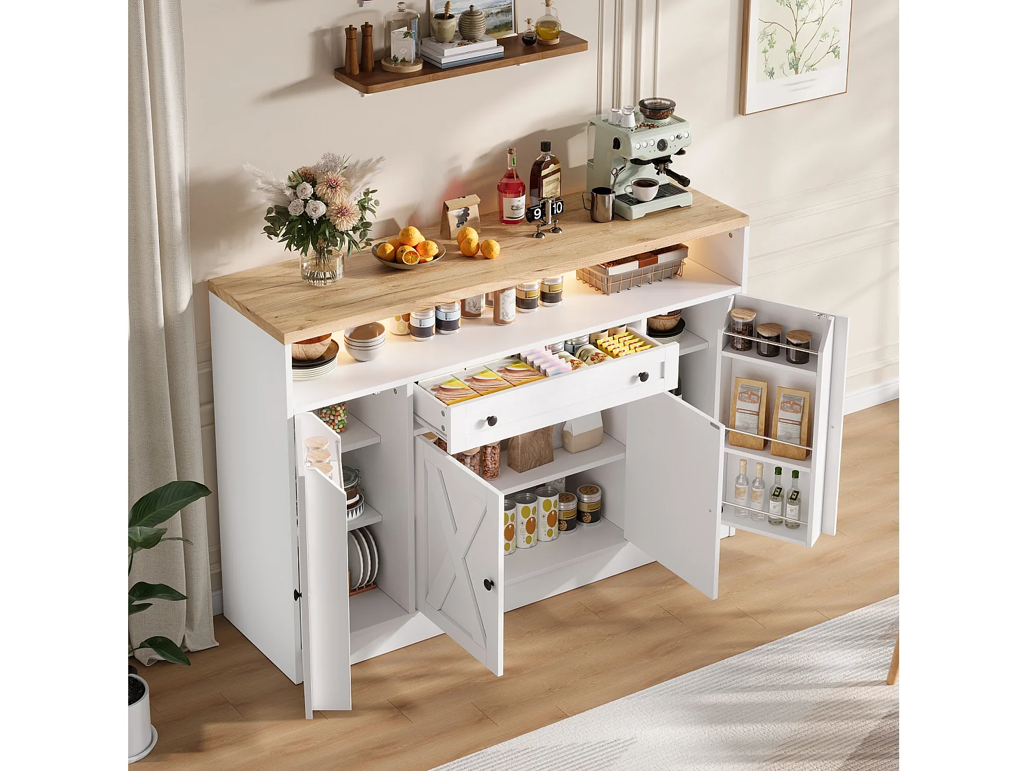 Køkkenskænk med LED-belysning, 1 skuffe, dørhylder og 4 låger - MDF - 140 x 35 x 95 cm - Hvid