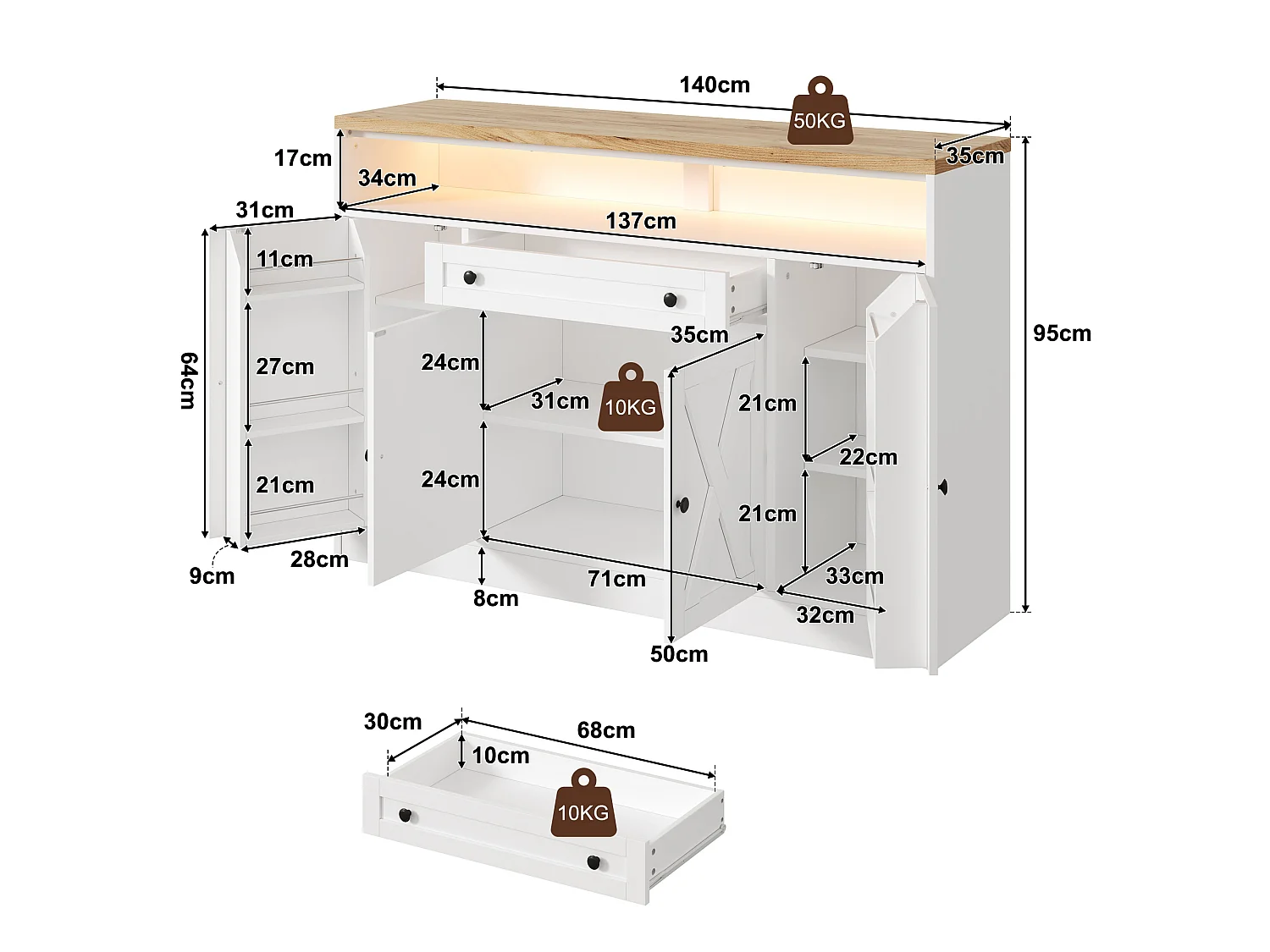 Køkkenskænk med LED-belysning, 1 skuffe, dørhylder og 4 låger - MDF - 140 x 35 x 95 cm - Hvid