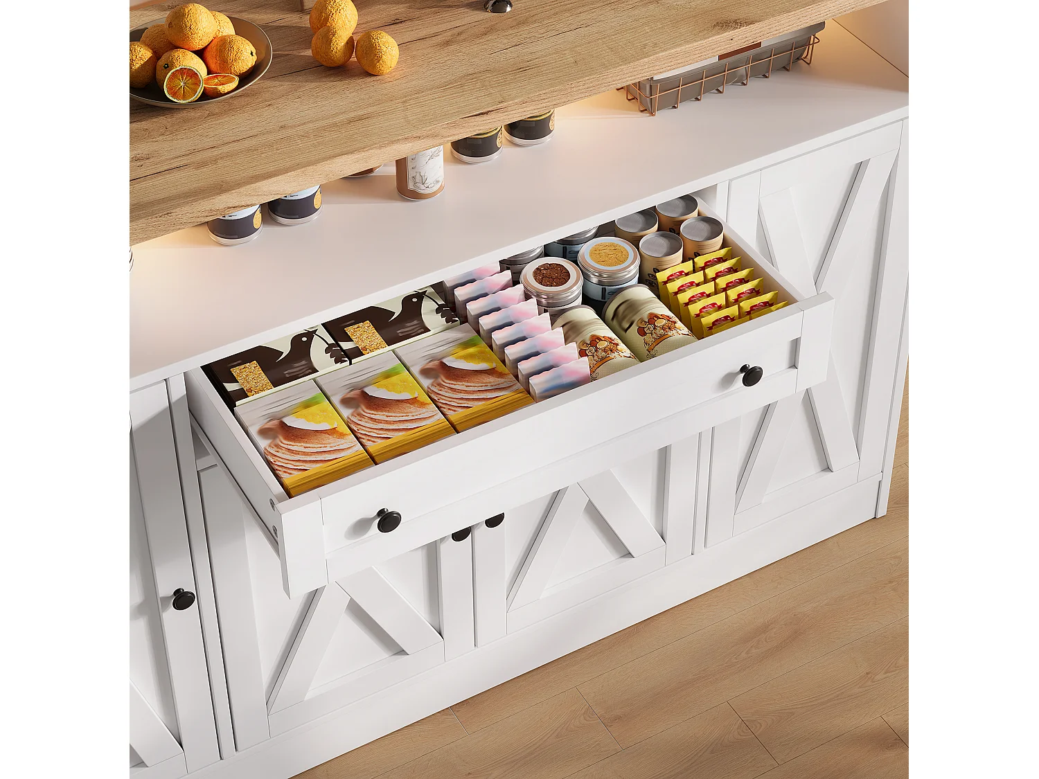 Køkkenskænk med LED-belysning, 1 skuffe, dørhylder og 4 låger - MDF - 140 x 35 x 95 cm - Hvid