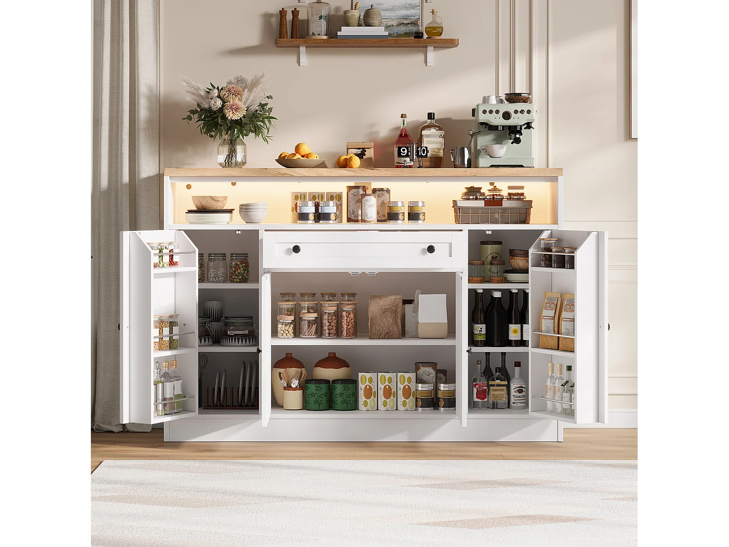 Køkkenskænk med LED-belysning, 1 skuffe, dørhylder og 4 låger - MDF - 140 x 35 x 95 cm - Hvid