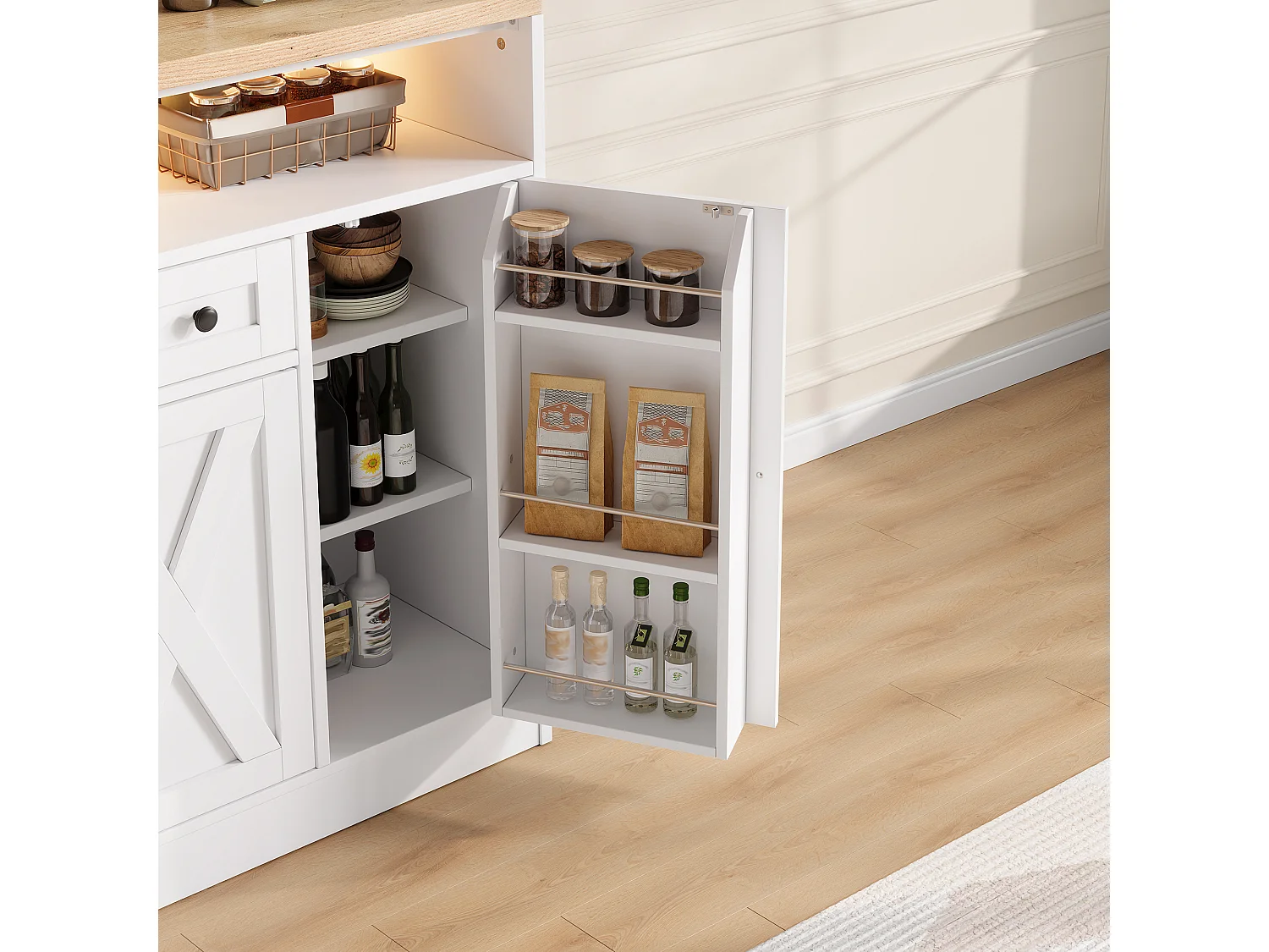 Køkkenskænk med LED-belysning, 1 skuffe, dørhylder og 4 låger - MDF - 140 x 35 x 95 cm - Hvid