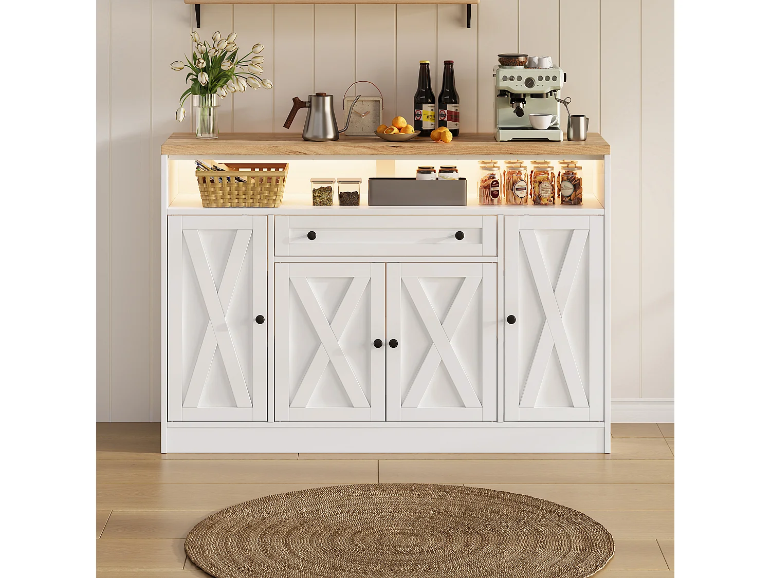 Køkkenskænk med LED-belysning, 1 skuffe, dørhylder og 4 låger - MDF - 140 x 35 x 95 cm - Hvid
