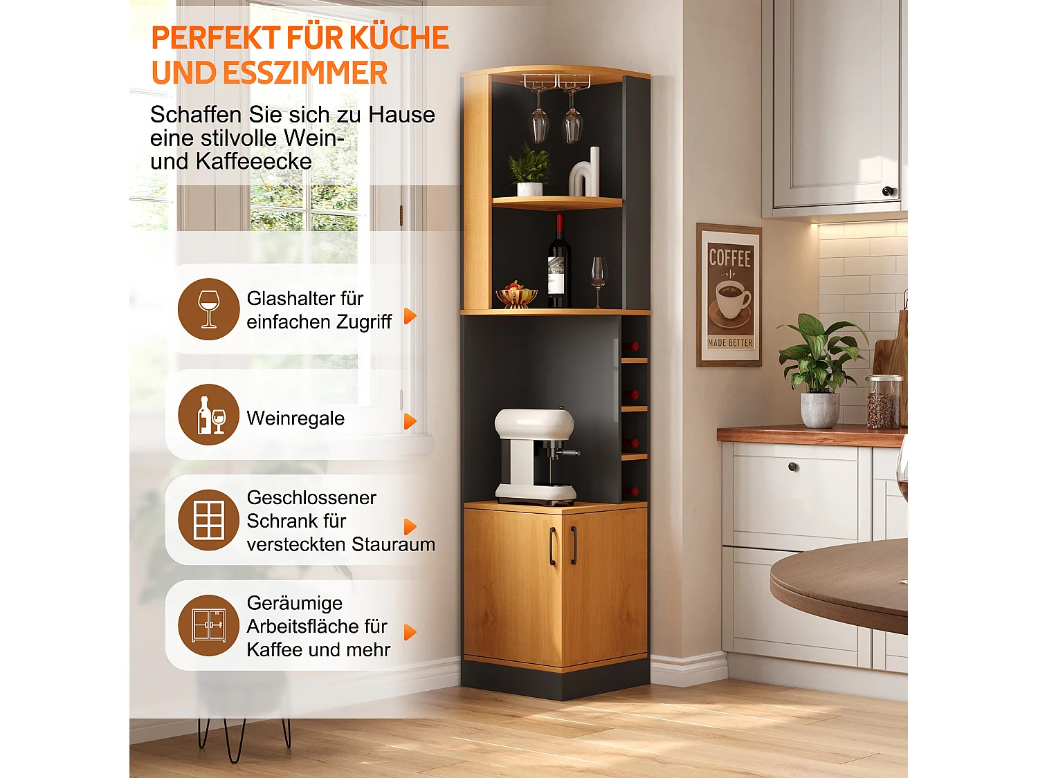 Buffet de cuisine avec 2 portes, porte-verres, 4 casiers à bouteilles, étagères et placard - MDF - 40 x 40 x 182 cm - Naturel + noir