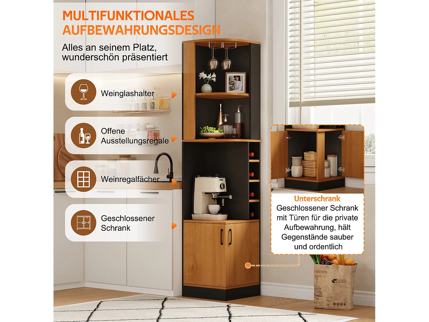 Buffet de cuisine avec 2 portes, porte-verres, 4 casiers à bouteilles, étagères et placard - MDF - 40 x 40 x 182 cm - Naturel + noir