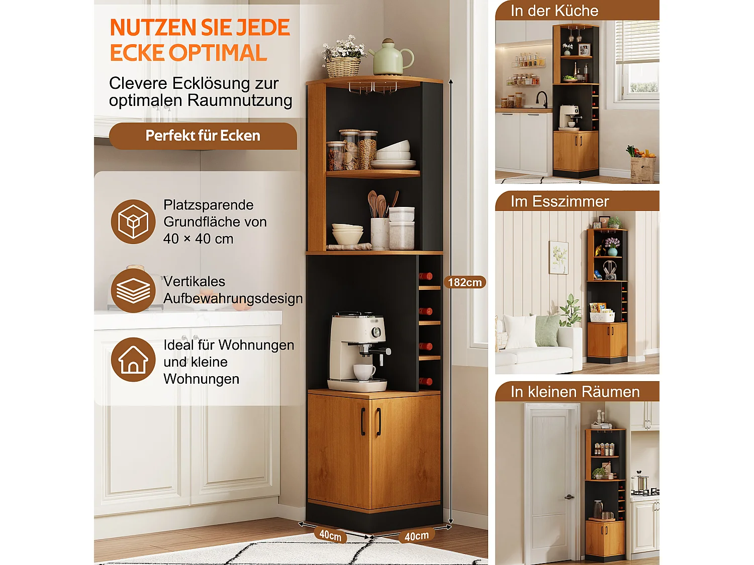 Buffet de cuisine avec 2 portes, porte-verres, 4 casiers à bouteilles, étagères et placard - MDF - 40 x 40 x 182 cm - Naturel + noir