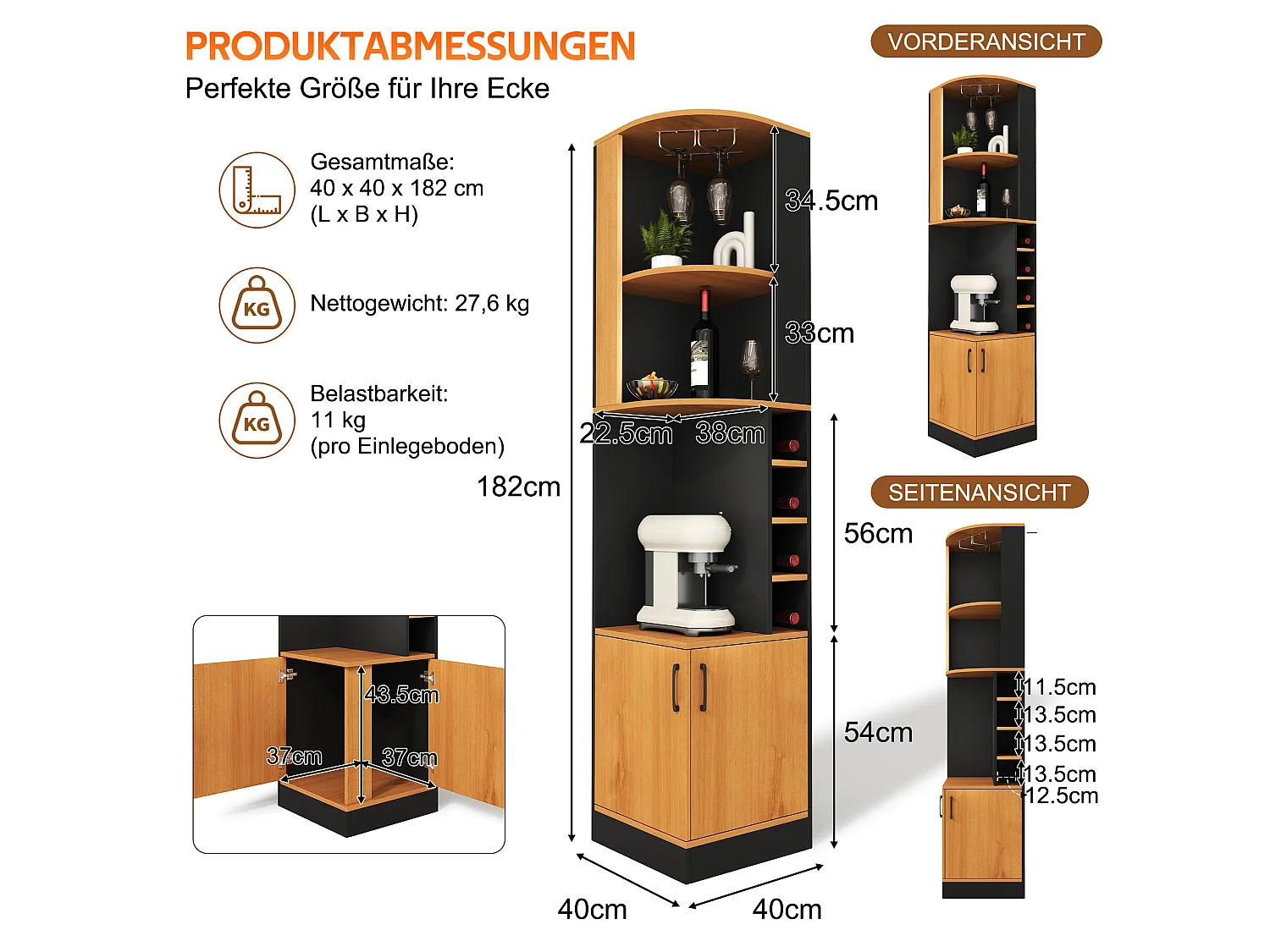 Buffet de cuisine avec 2 portes, porte-verres, 4 casiers à bouteilles, étagères et placard - MDF - 40 x 40 x 182 cm - Naturel + noir