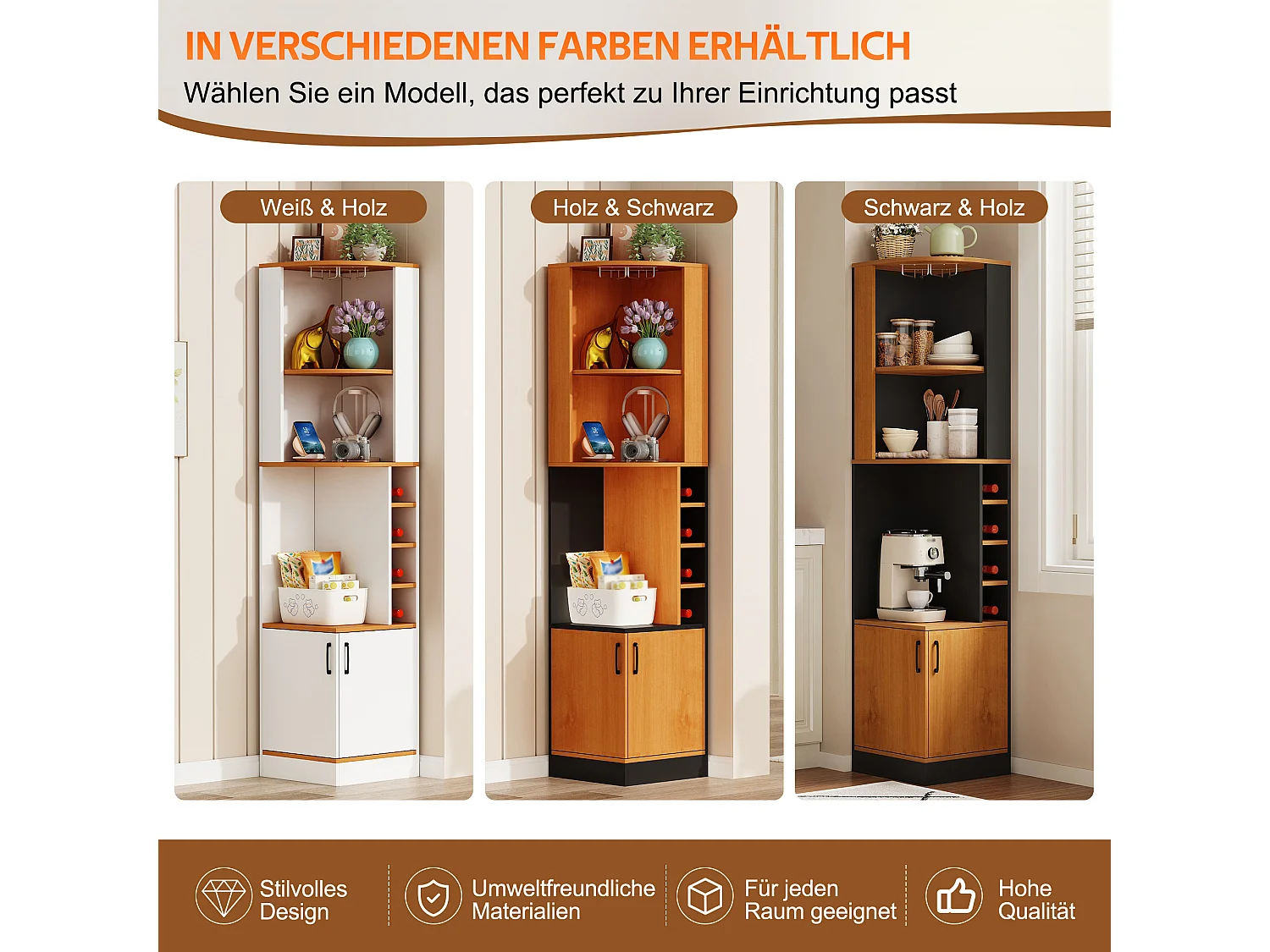 Buffet de cuisine avec 2 portes, porte-verres, 4 casiers à bouteilles, étagères et placard - MDF - 40 x 40 x 182 cm - Naturel + noir