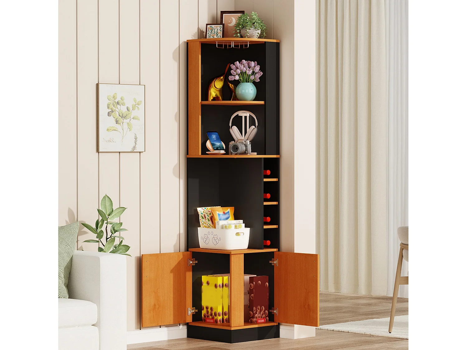 Buffet de cuisine avec 2 portes, porte-verres, 4 casiers à bouteilles, étagères et placard - MDF - 40 x 40 x 182 cm - Naturel + noir