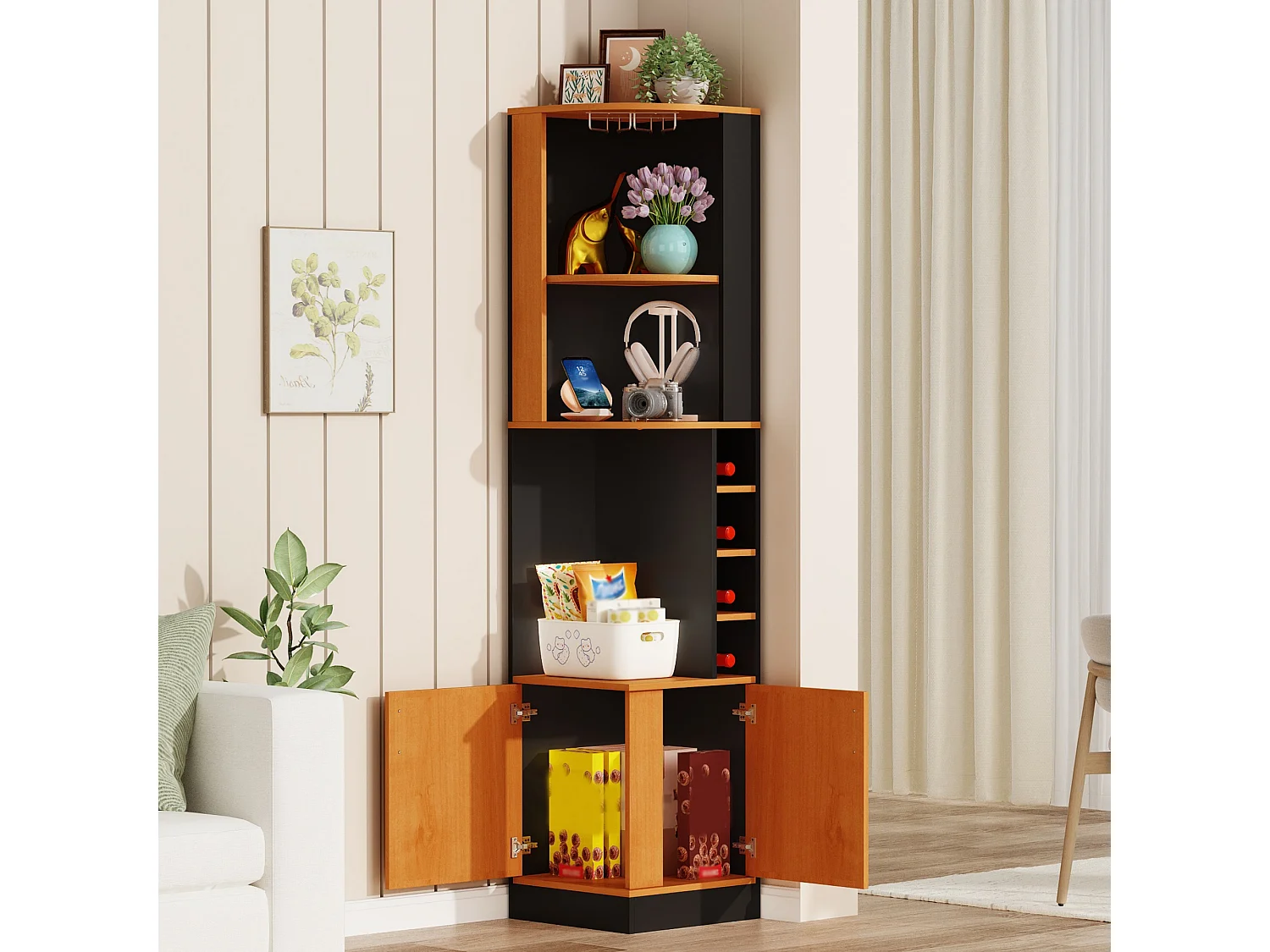 Buffet de cuisine avec 2 portes, porte-verres, 4 casiers à bouteilles, étagères et placard - MDF - 40 x 40 x 182 cm - Naturel + noir