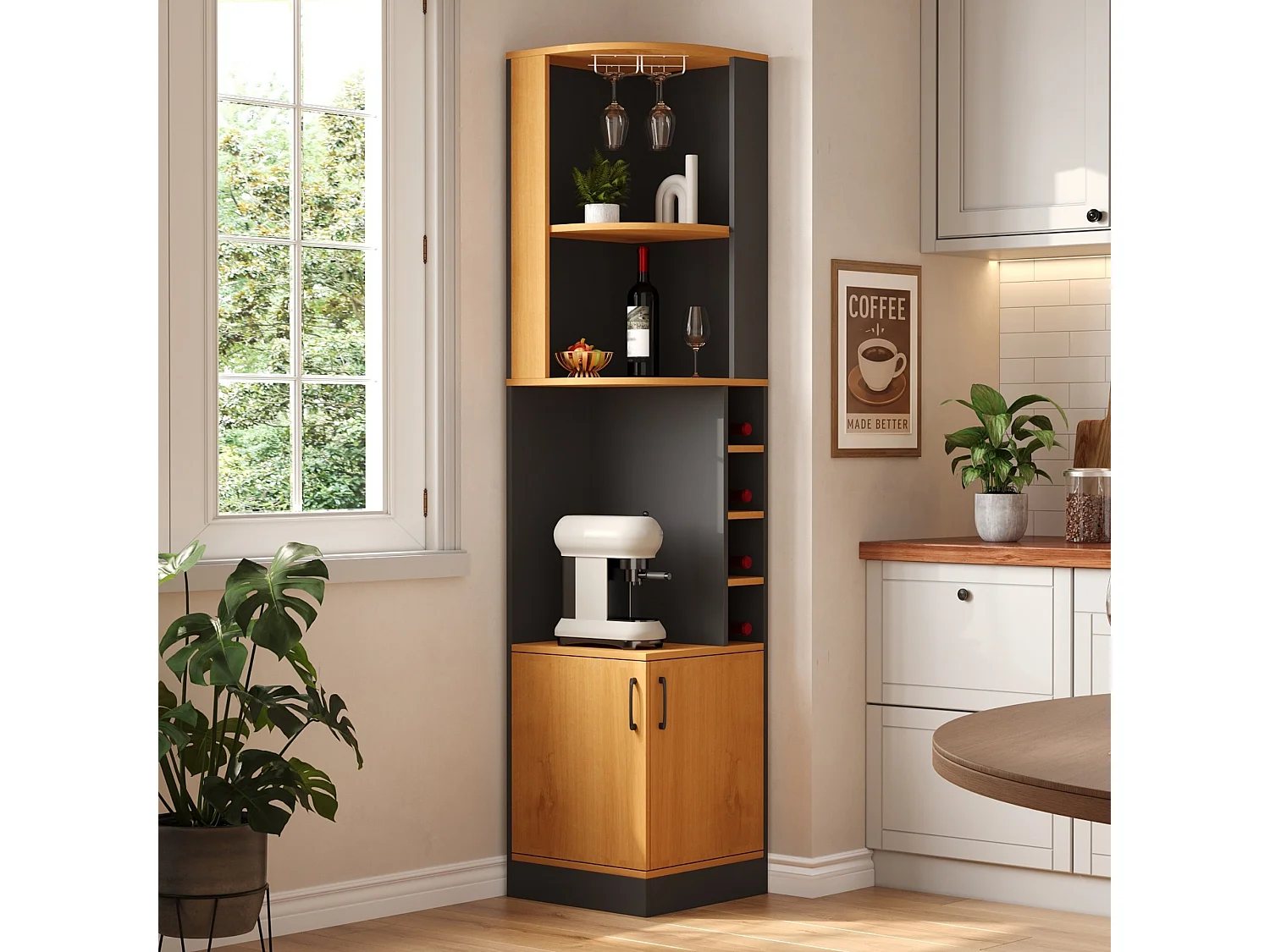 Buffet de cuisine avec 2 portes, porte-verres, 4 casiers à bouteilles, étagères et placard - MDF - 40 x 40 x 182 cm - Naturel + noir