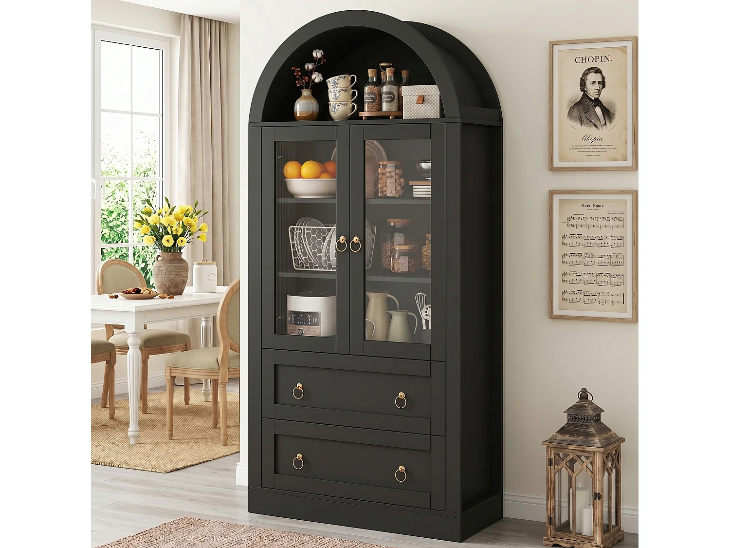 Hoher, geschwungener Küchenschrank mit 2 Glastüren, 2 Schubladen und 2 verstellbaren Einlegeböden – Spanplatte – 80 x 36 x 170 cm – Schwarz