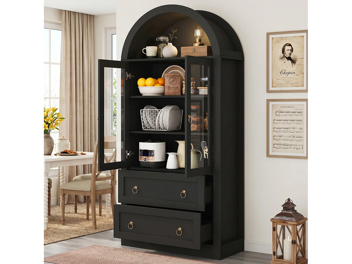 Hoher, geschwungener Küchenschrank mit 2 Glastüren, 2 Schubladen und 2 verstellbaren Einlegeböden – Spanplatte – 80 x 36 x 170 cm – Schwarz