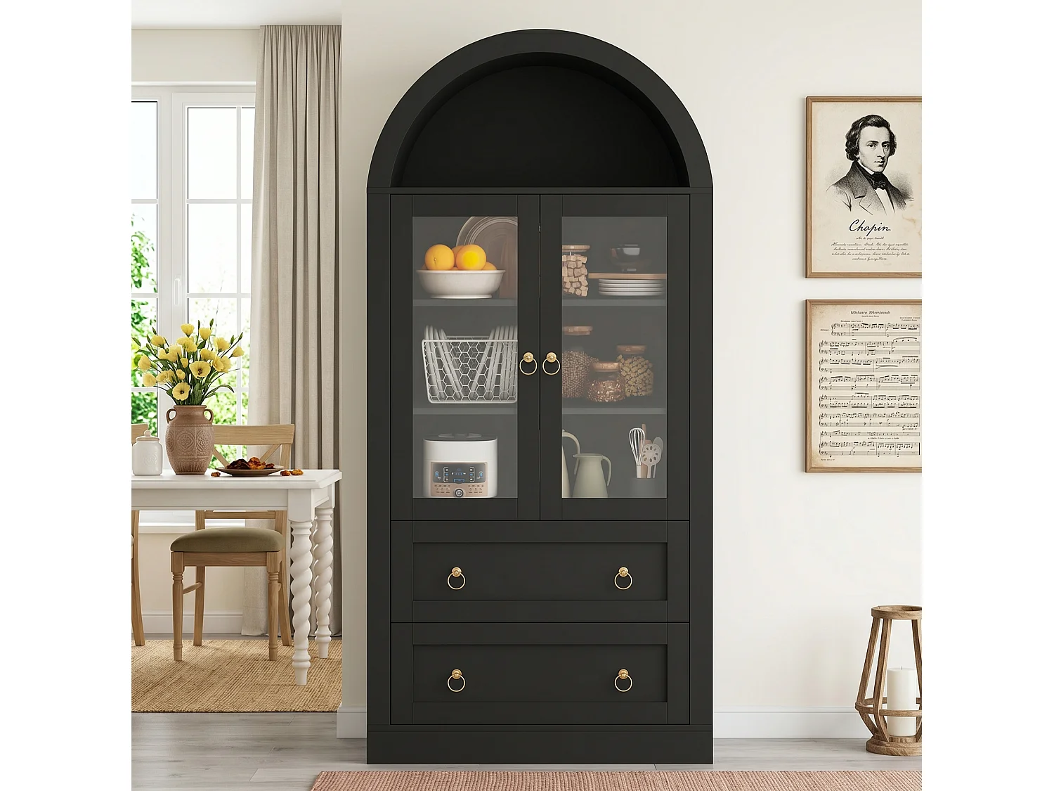 Hoher, geschwungener Küchenschrank mit 2 Glastüren, 2 Schubladen und 2 verstellbaren Einlegeböden – Spanplatte – 80 x 36 x 170 cm – Schwarz