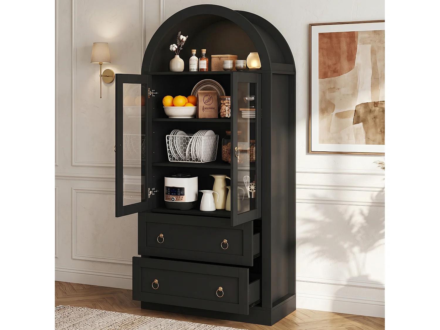 Hoher, geschwungener Küchenschrank mit 2 Glastüren, 2 Schubladen und 2 verstellbaren Einlegeböden – Spanplatte – 80 x 36 x 170 cm – Schwarz