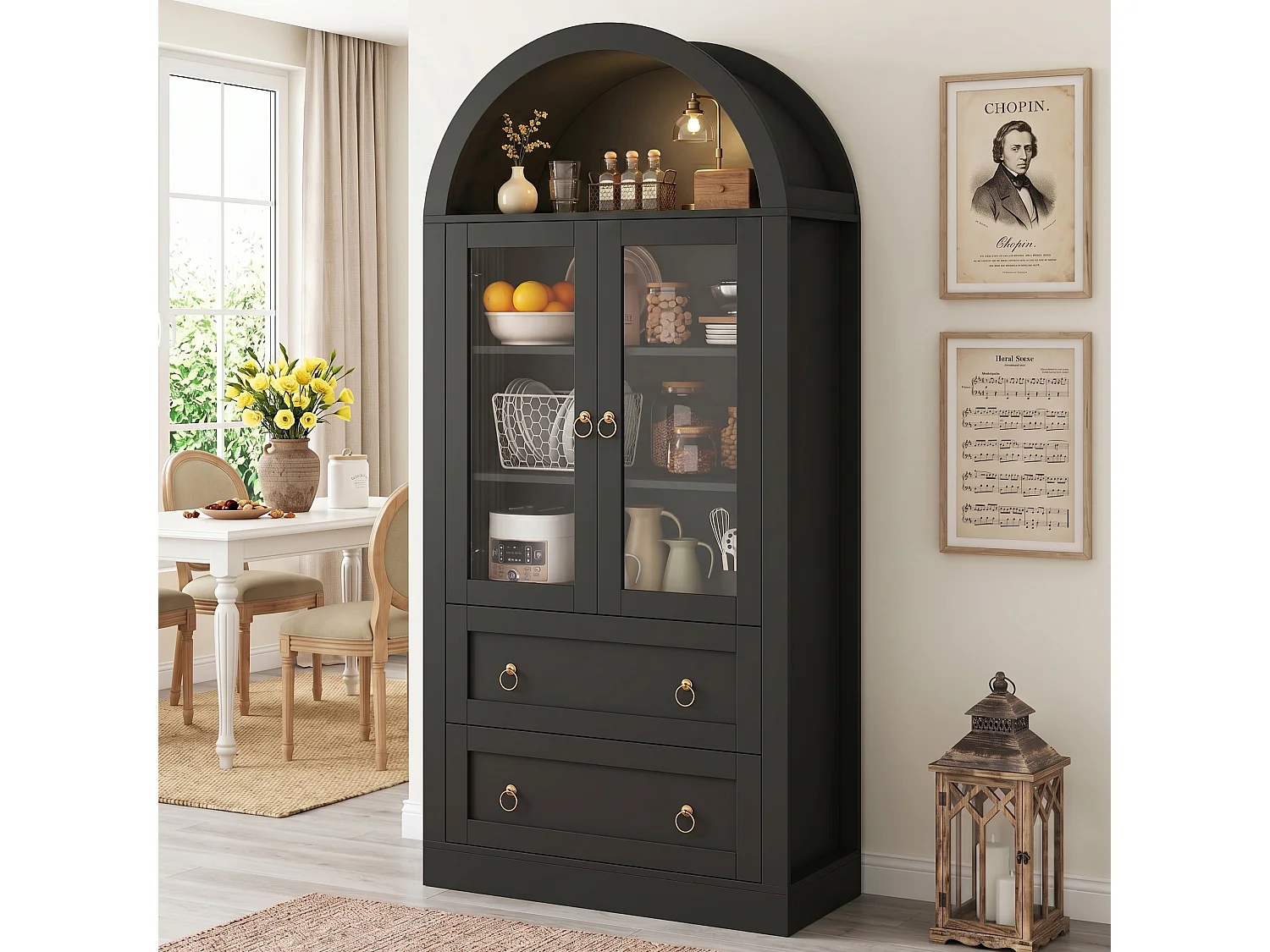 Hoher, geschwungener Küchenschrank mit 2 Glastüren, 2 Schubladen und 2 verstellbaren Einlegeböden – Spanplatte – 80 x 36 x 170 cm – Schwarz