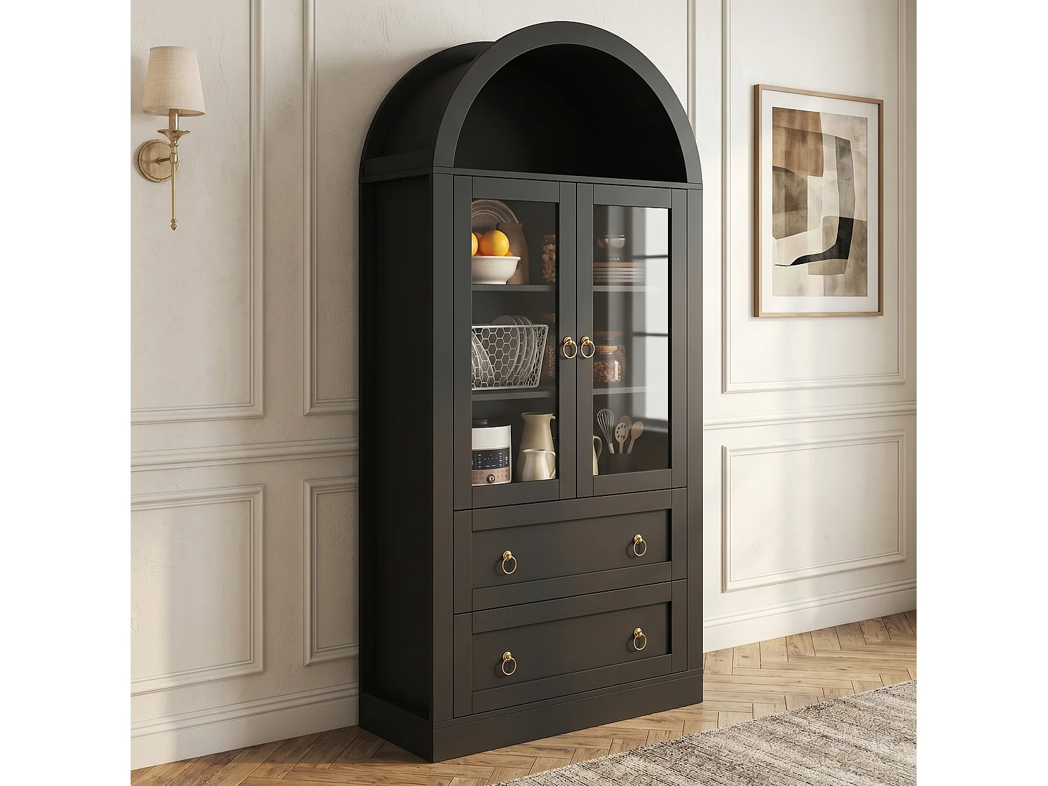 Hoher, geschwungener Küchenschrank mit 2 Glastüren, 2 Schubladen und 2 verstellbaren Einlegeböden – Spanplatte – 80 x 36 x 170 cm – Schwarz
