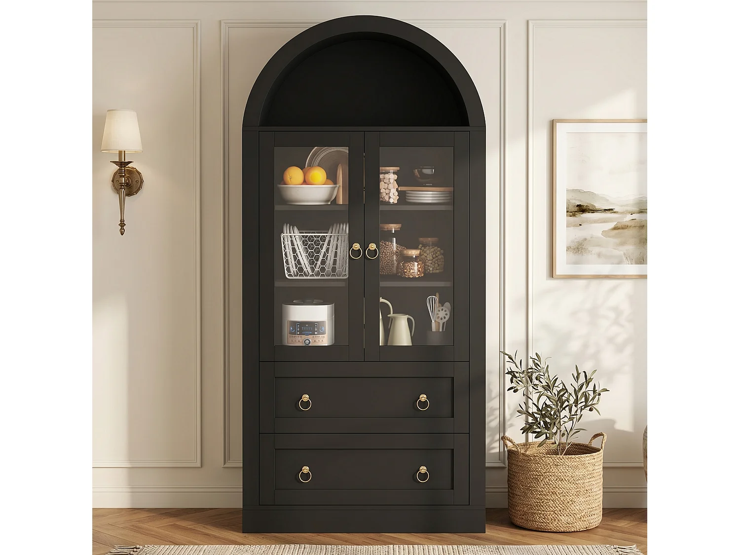 Hoher, geschwungener Küchenschrank mit 2 Glastüren, 2 Schubladen und 2 verstellbaren Einlegeböden – Spanplatte – 80 x 36 x 170 cm – Schwarz