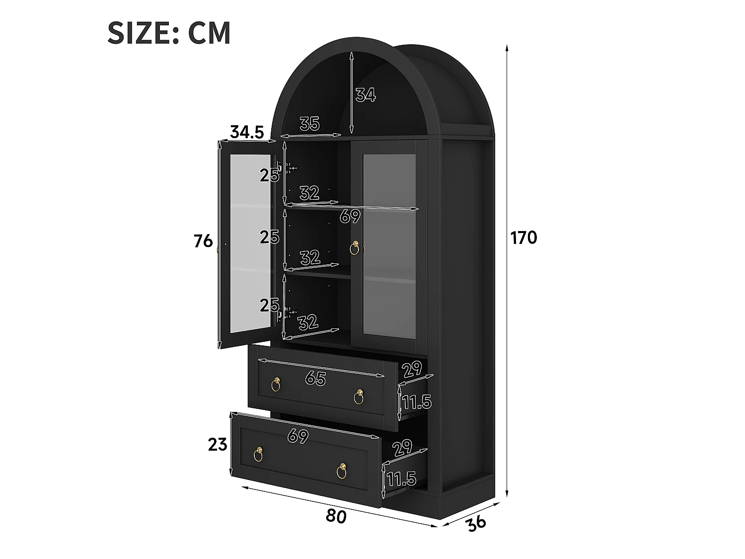 Hoher, geschwungener Küchenschrank mit 2 Glastüren, 2 Schubladen und 2 verstellbaren Einlegeböden – Spanplatte – 80 x 36 x 170 cm – Schwarz