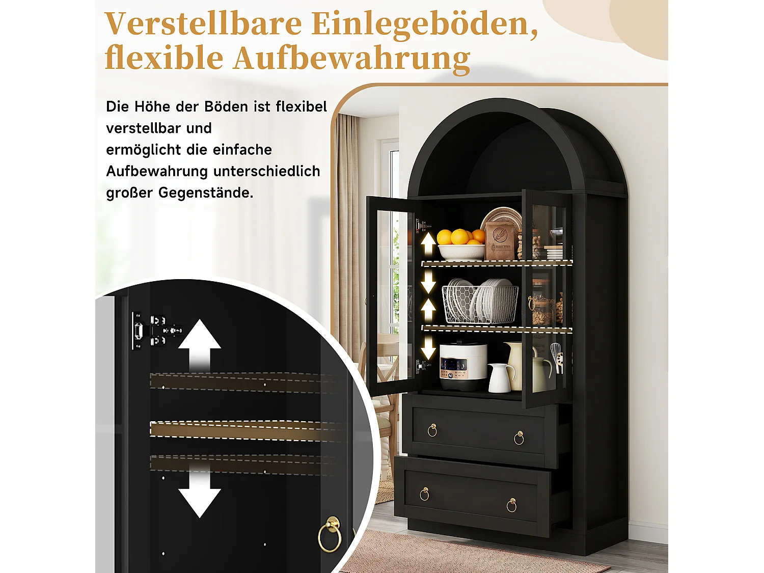 Hoher, geschwungener Küchenschrank mit 2 Glastüren, 2 Schubladen und 2 verstellbaren Einlegeböden – Spanplatte – 80 x 36 x 170 cm – Schwarz