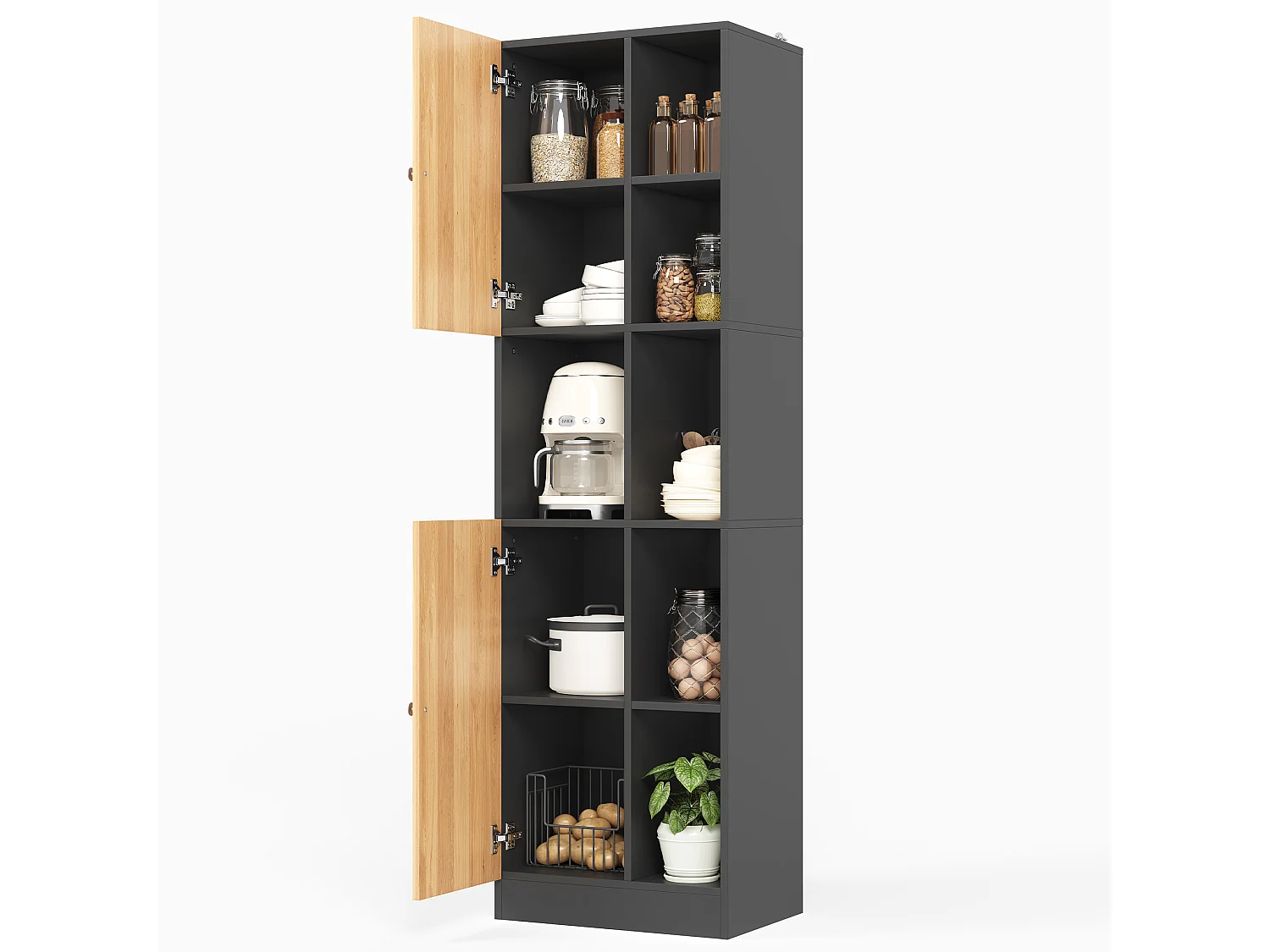 Hoge keukenkast met 6 open schappen, 2 deuren en verstelbare schappen - MDF - 50 x 35,5 x 170 cm - Zwart en naturel