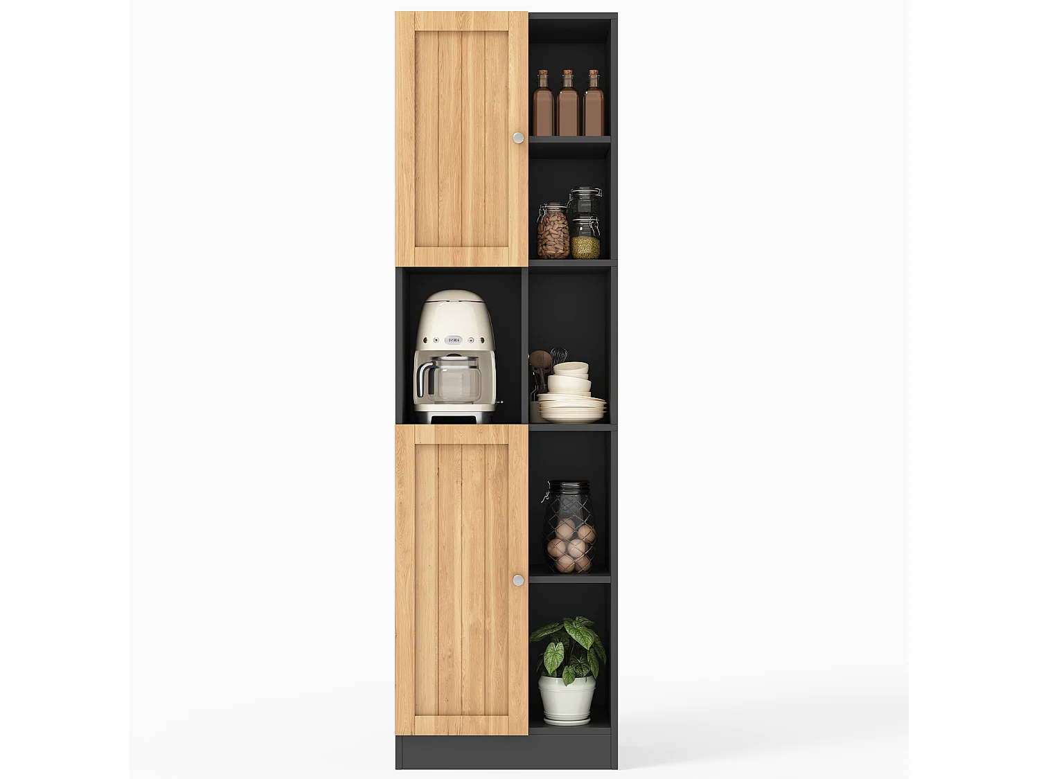 Hoge keukenkast met 6 open schappen, 2 deuren en verstelbare schappen - MDF - 50 x 35,5 x 170 cm - Zwart en naturel
