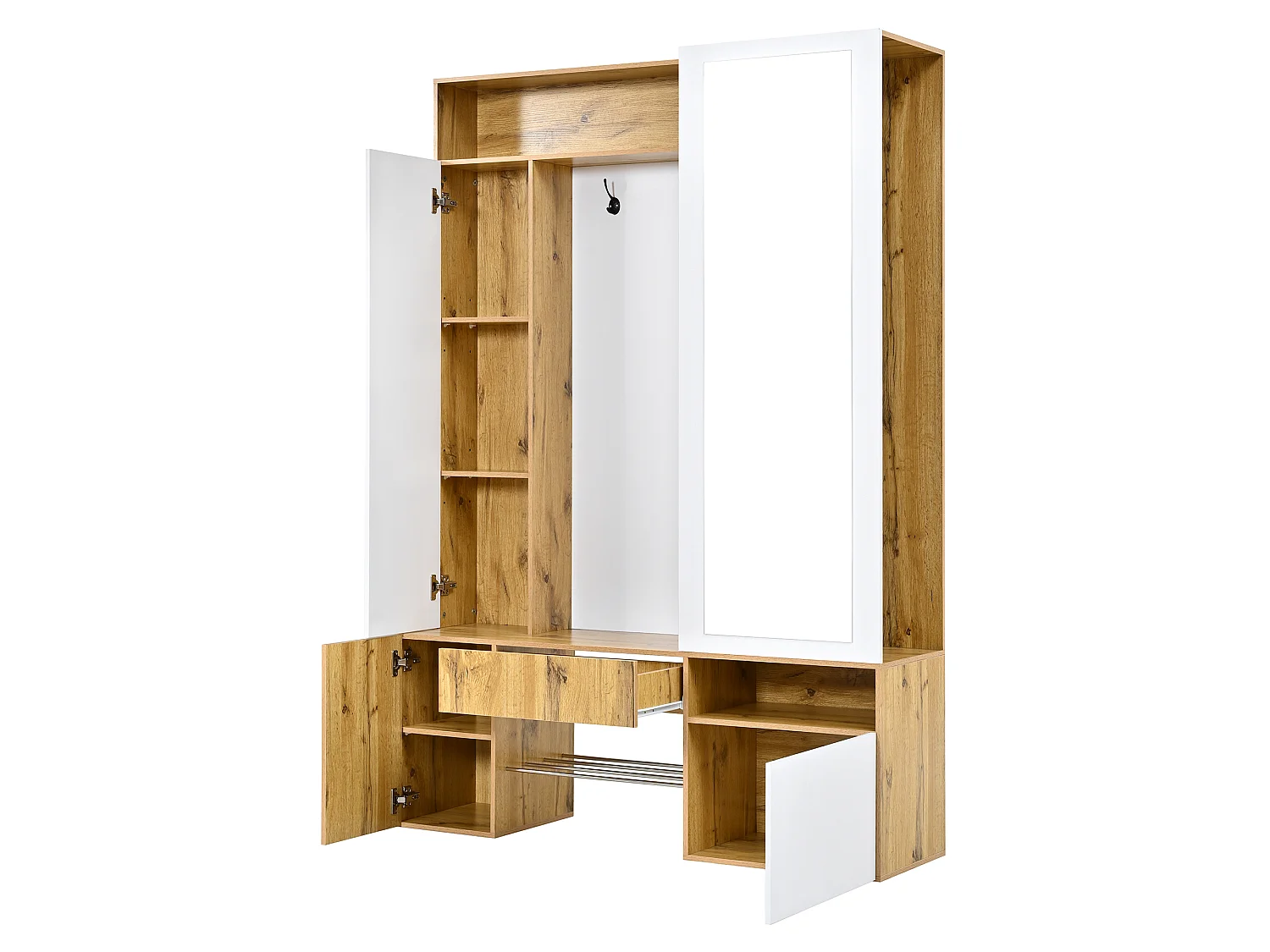 Skoskab med spejl, bøjlestang, kroge, 1 skuffe og 3 døre - MDF - 127 x 35 x 180,5 cm - Hvid og naturtræ