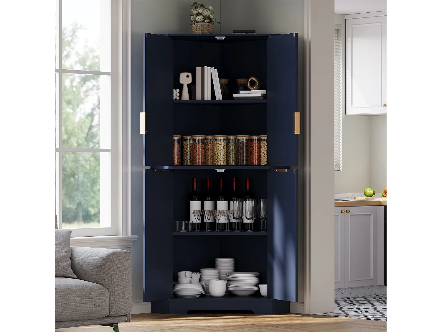 Buffet de cuisine d'angle avec 4 portes et étagères réglables - MDF - 60 x 60 x 172 cm - Bleu