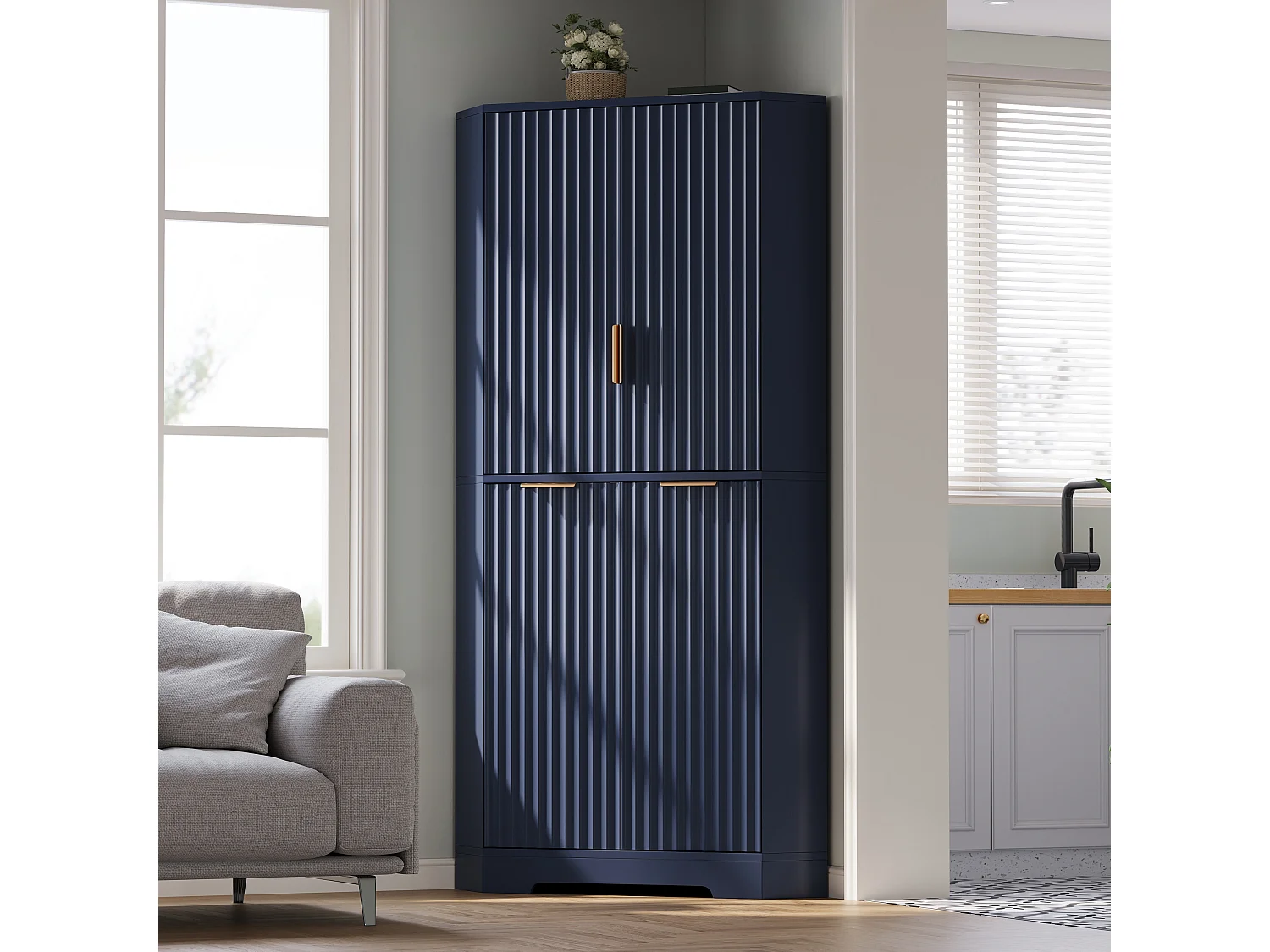 Buffet de cuisine d'angle avec 4 portes et étagères réglables - MDF - 60 x 60 x 172 cm - Bleu