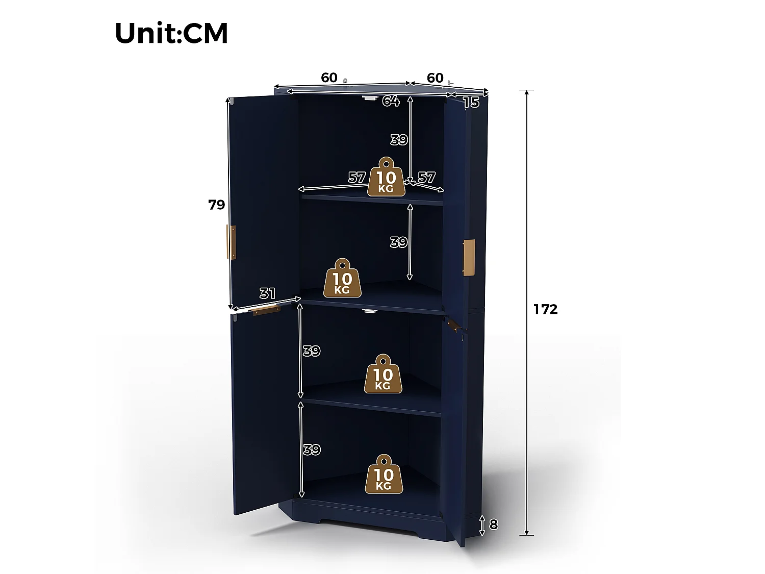 Buffet de cuisine d'angle avec 4 portes et étagères réglables - MDF - 60 x 60 x 172 cm - Bleu