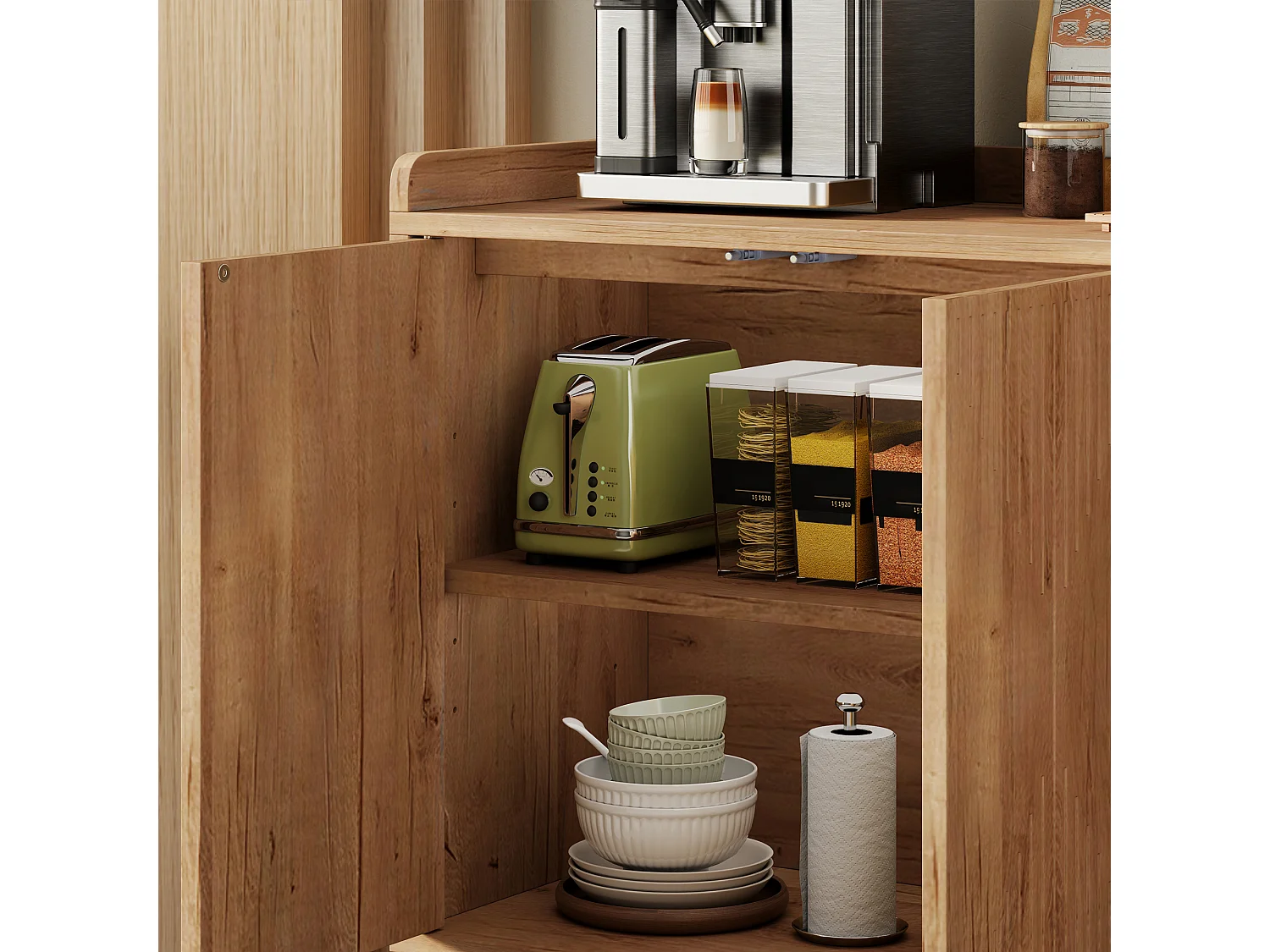Buffet bas de cuisine avec 4 portes et étagères réglables - MDF - 140 x 40 x 84 cm - Bois naturel