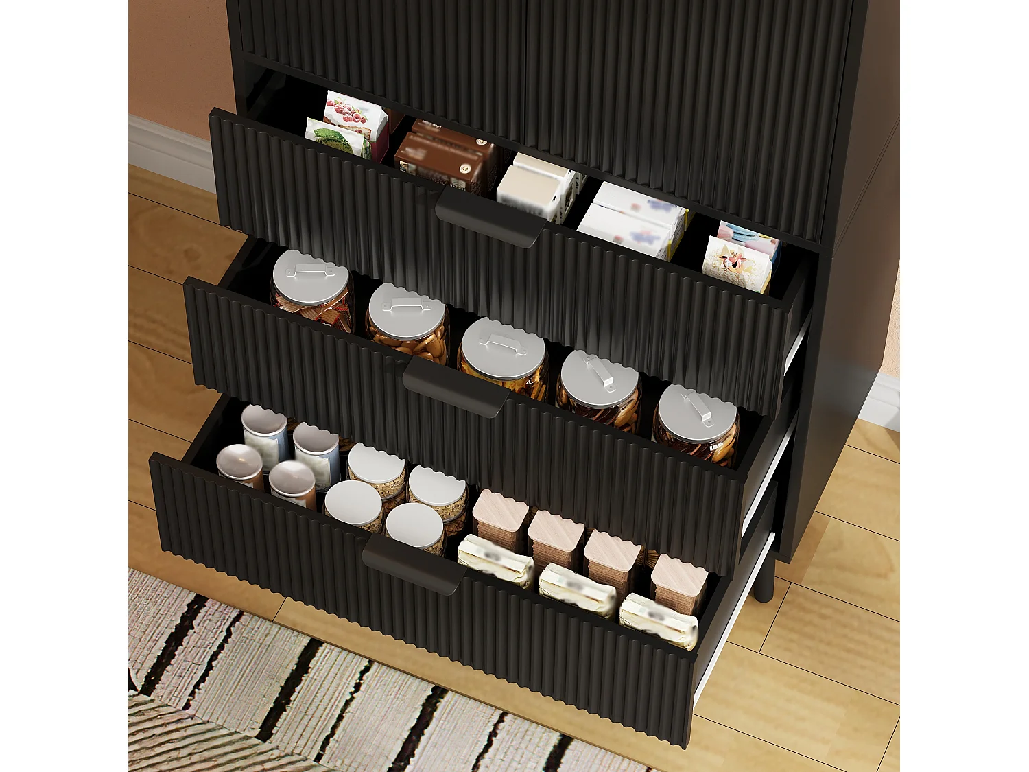 Hoge keukenkast met 2 deuren, 3 lades, deurvakken en verstelbare planken - MDF - 75 x 35 x 180 cm - Zwart
