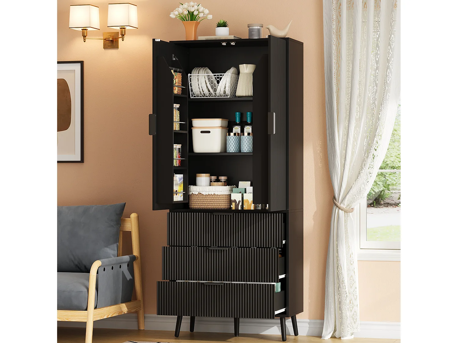 Hoge keukenkast met 2 deuren, 3 lades, deurvakken en verstelbare planken - MDF - 75 x 35 x 180 cm - Zwart