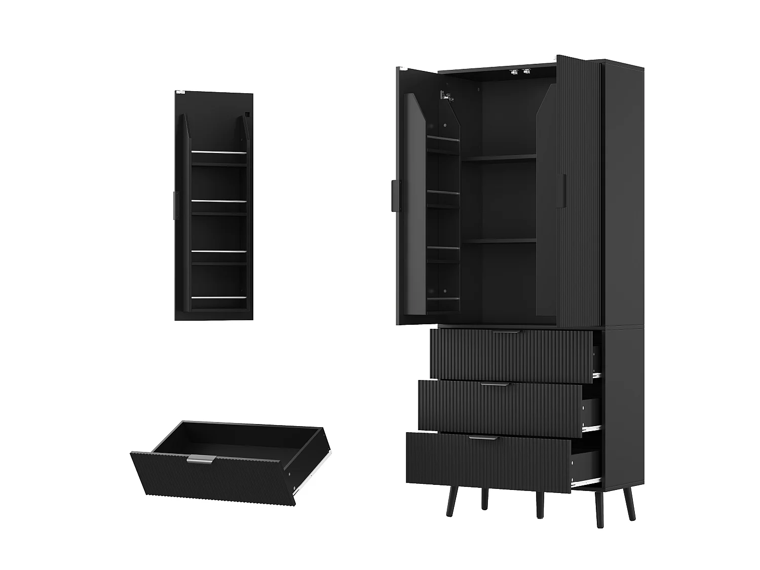 Hoge keukenkast met 2 deuren, 3 lades, deurvakken en verstelbare planken - MDF - 75 x 35 x 180 cm - Zwart