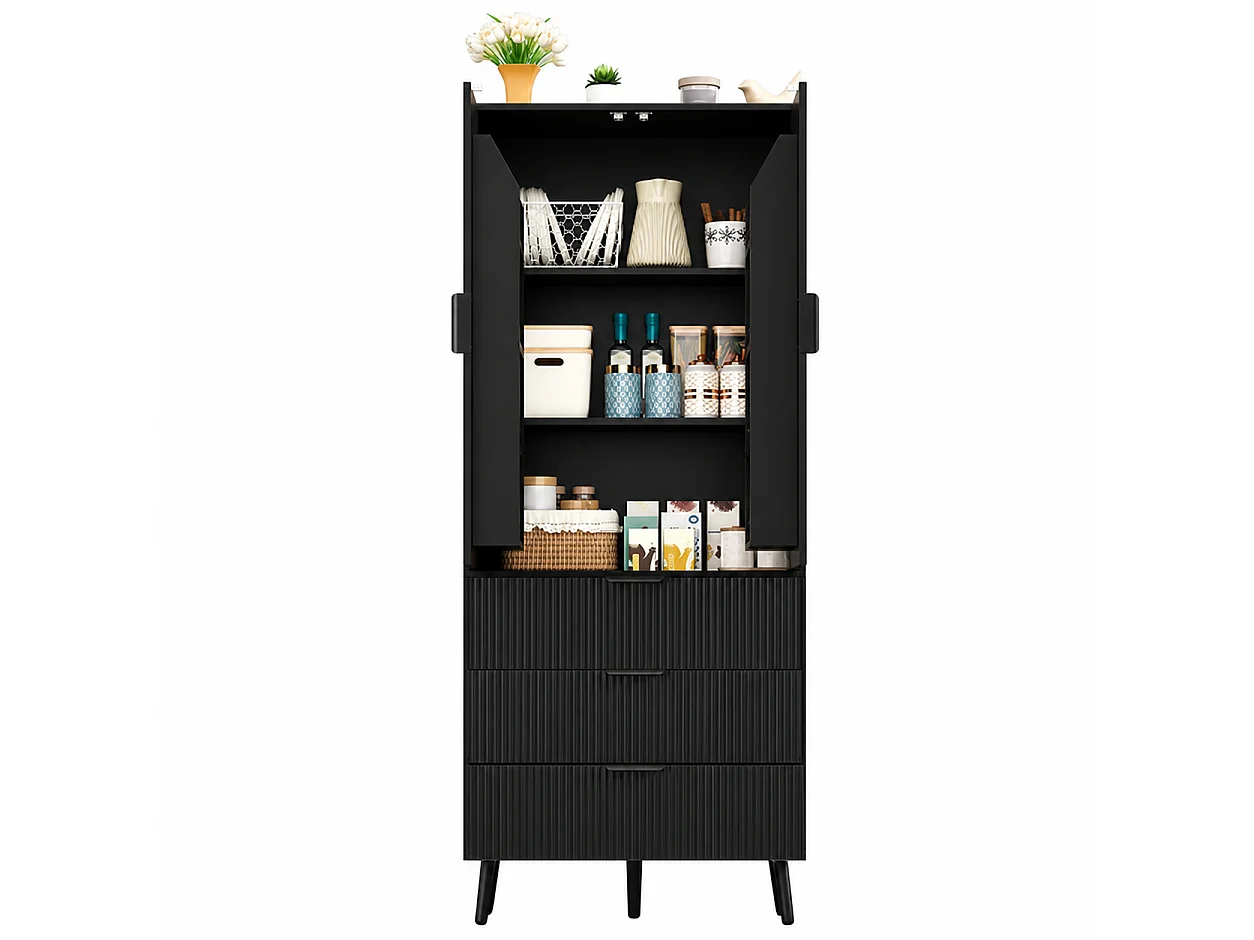 Hoge keukenkast met 2 deuren, 3 lades, deurvakken en verstelbare planken - MDF - 75 x 35 x 180 cm - Zwart