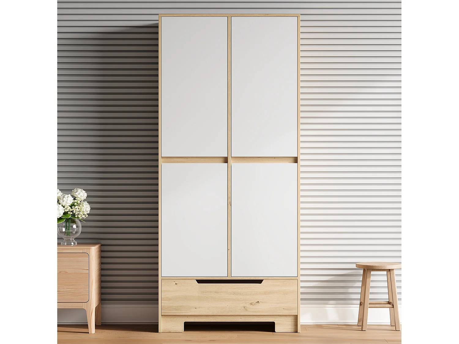 Armoire de cuisine avec 1 tiroir, étagères réglables et 4 portes - MDF et panneaux de particules - 80 x 35 x 180 cm - Blanc