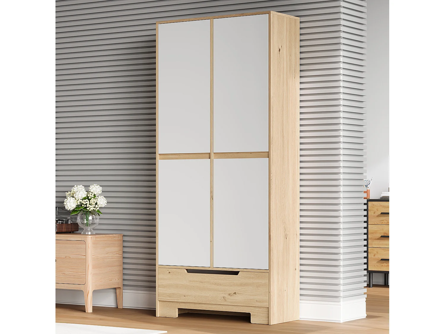 Armoire de cuisine avec 1 tiroir, étagères réglables et 4 portes - MDF et panneaux de particules - 80 x 35 x 180 cm - Blanc