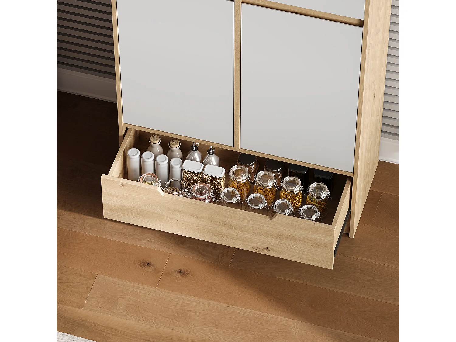 Armoire de cuisine avec 1 tiroir, étagères réglables et 4 portes - MDF et panneaux de particules - 80 x 35 x 180 cm - Blanc