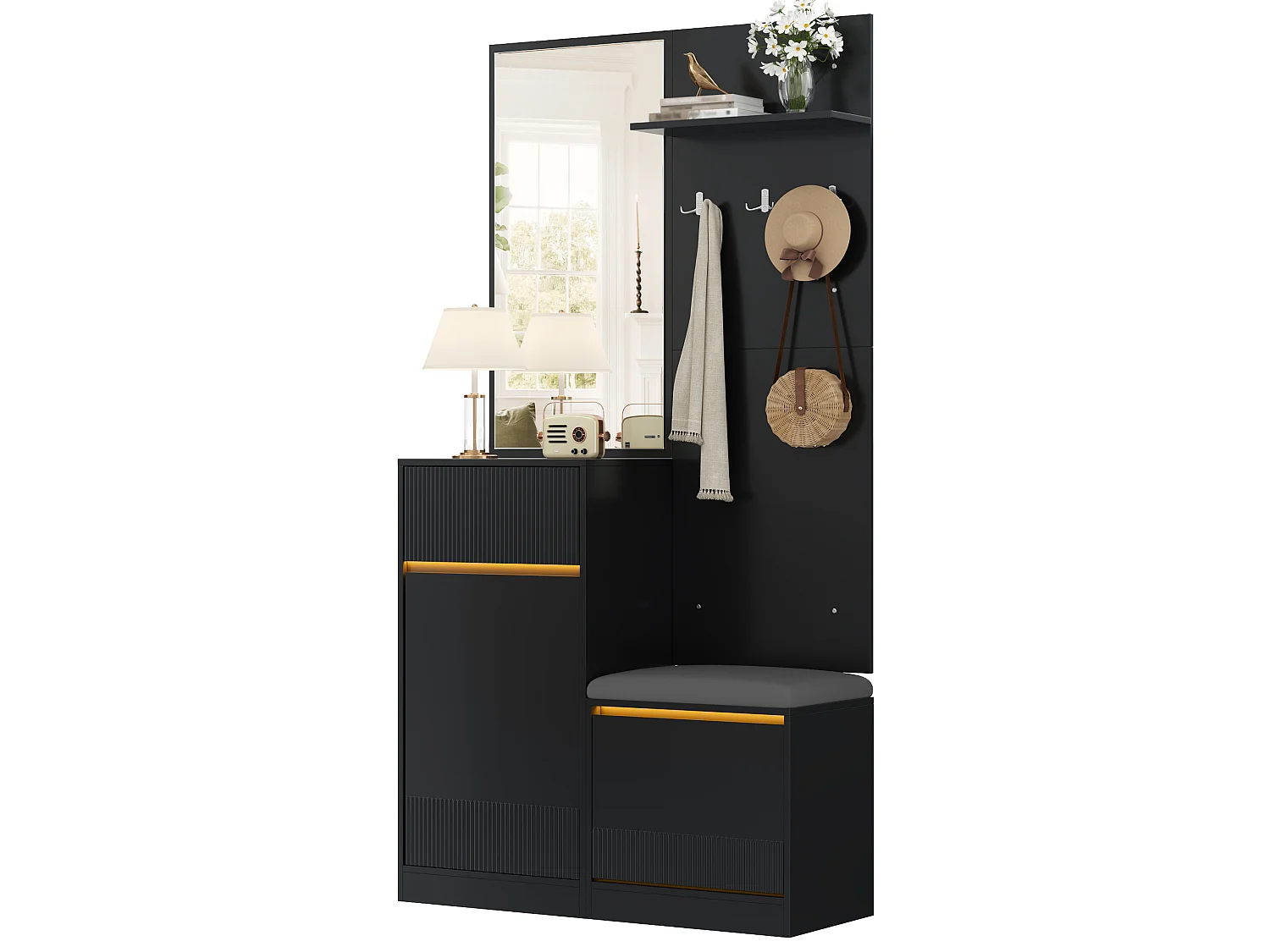 Scarpiera con specchio, panca, ganci, 2 ante, 1 cassetto e illuminazione a LED - MDF e truciolato - 105 x 38 x 190 cm - Nero