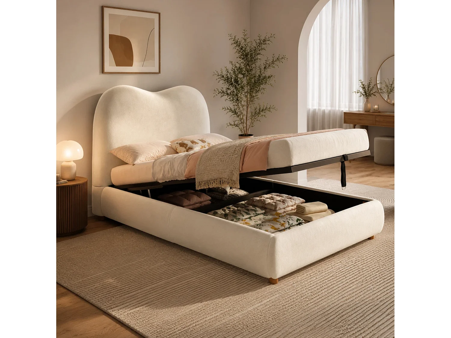 Seng med opbevaring 90 x 200 cm med hydraulisk opbevaringsrum og hovedgærde – 11 cm polstret fløjl – Beige (Madras medfølger ikke)