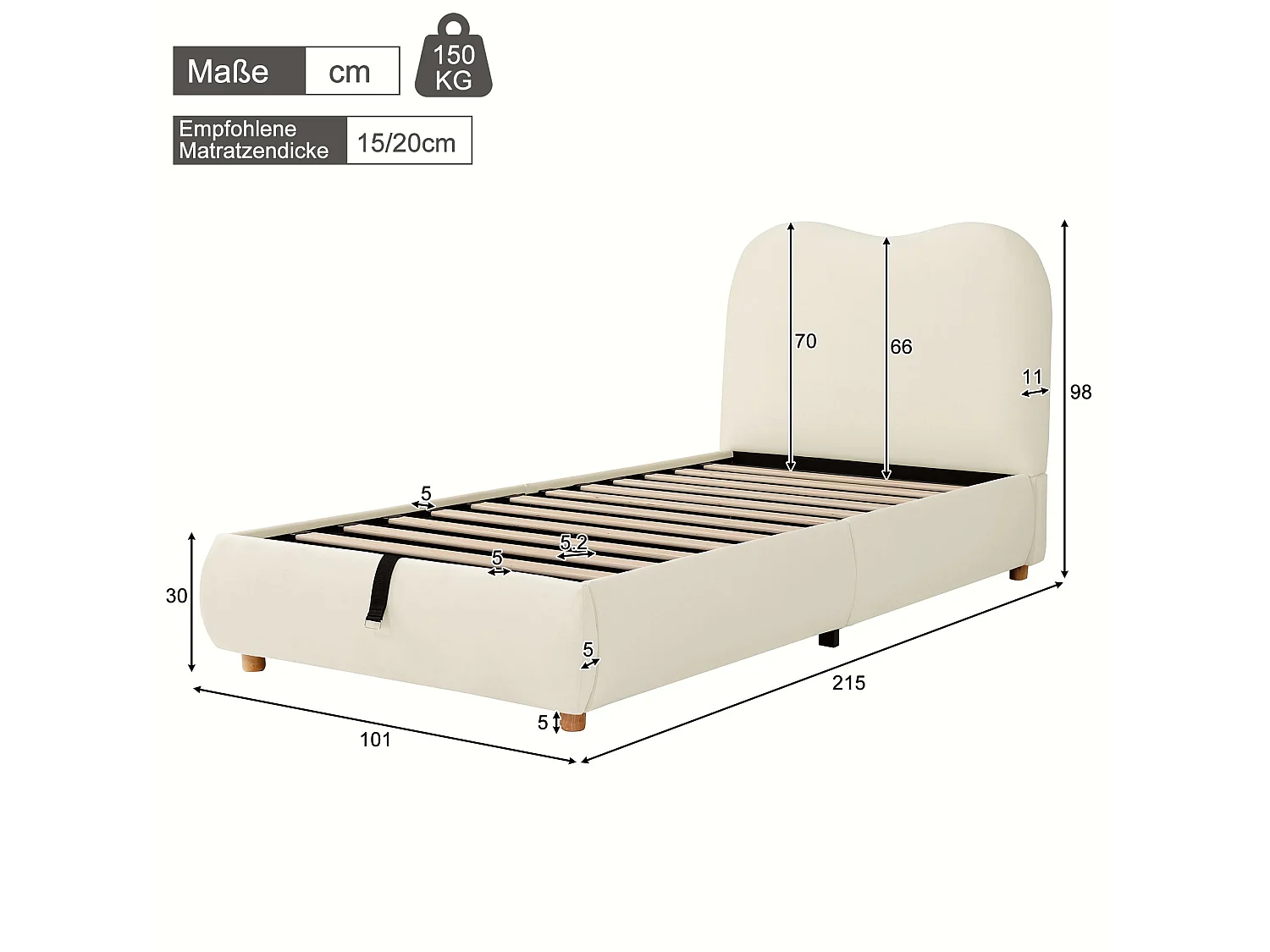 Seng med opbevaring 90 x 200 cm med hydraulisk opbevaringsrum og hovedgærde – 11 cm polstret fløjl – Beige (Madras medfølger ikke)