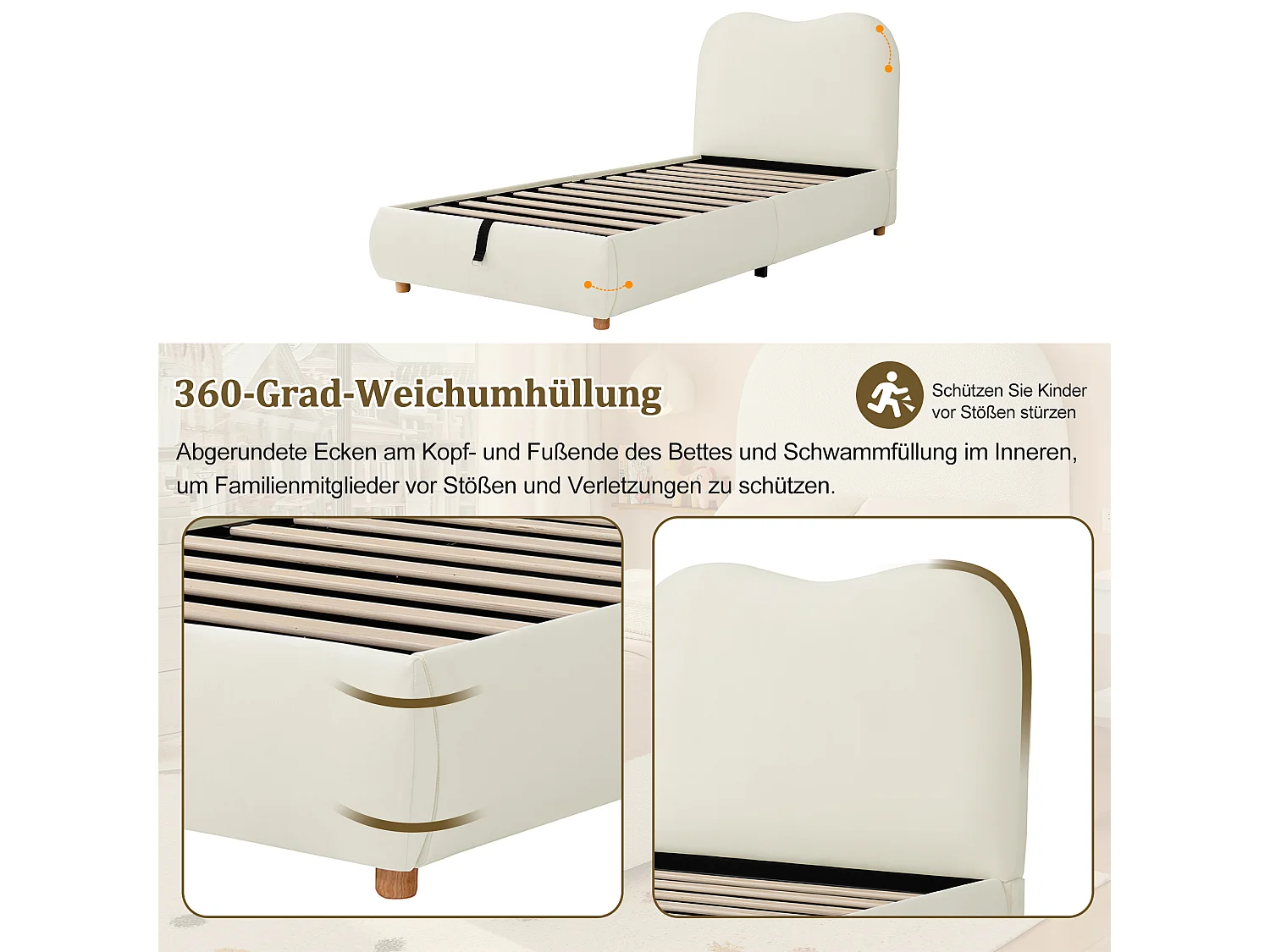 Seng med opbevaring 90 x 200 cm med hydraulisk opbevaringsrum og hovedgærde – 11 cm polstret fløjl – Beige (Madras medfølger ikke)