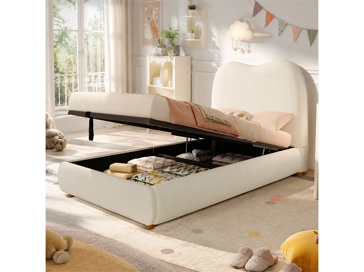 Seng med opbevaring 90 x 200 cm med hydraulisk opbevaringsrum og hovedgærde – 11 cm polstret fløjl – Beige (Madras medfølger ikke)