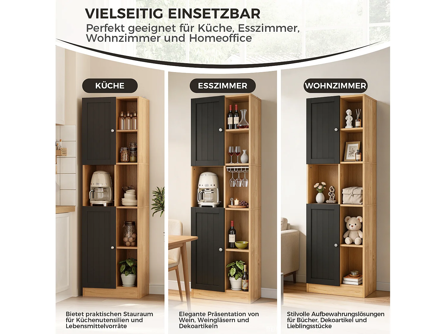 Hoher Küchenschrank mit 6 offenen Regalböden, 2 Türen und verstellbaren Einlegeböden – MDF – 50 x 35,5 x 170 cm – Schwarz