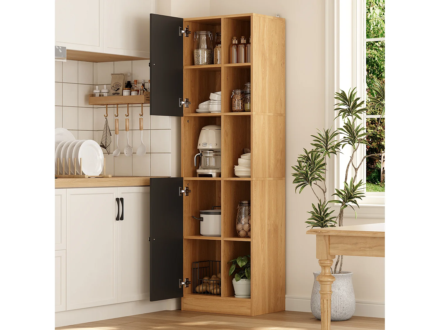 Hoher Küchenschrank mit 6 offenen Regalböden, 2 Türen und verstellbaren Einlegeböden – MDF – 50 x 35,5 x 170 cm – Schwarz