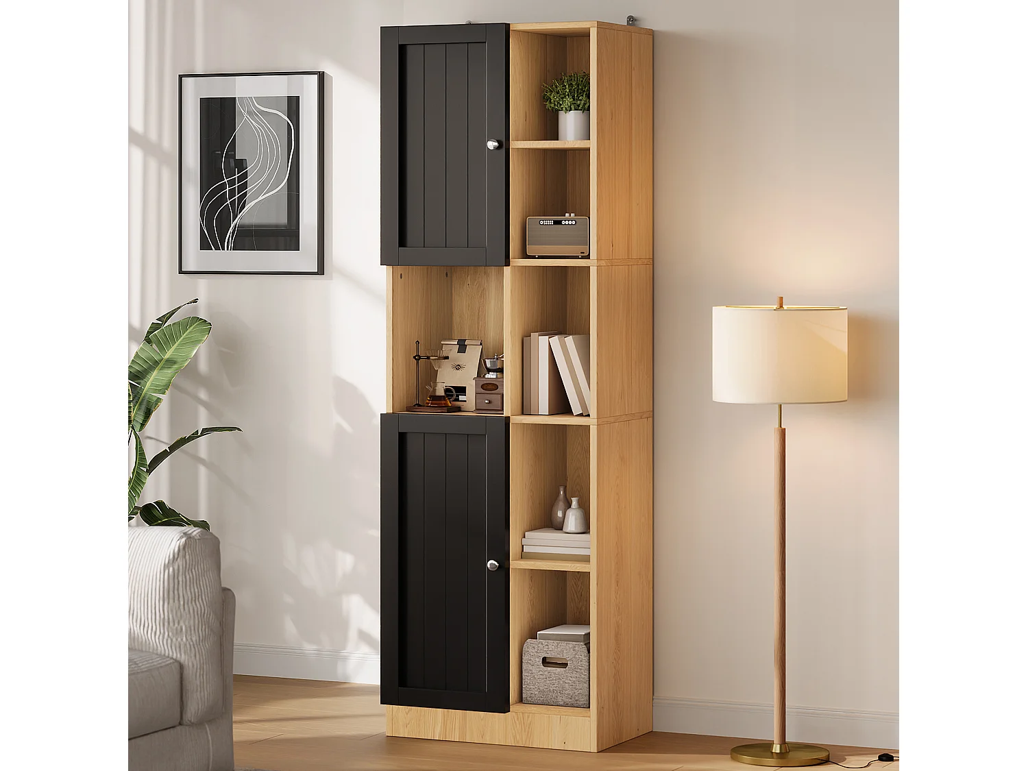 Hoher Küchenschrank mit 6 offenen Regalböden, 2 Türen und verstellbaren Einlegeböden – MDF – 50 x 35,5 x 170 cm – Schwarz