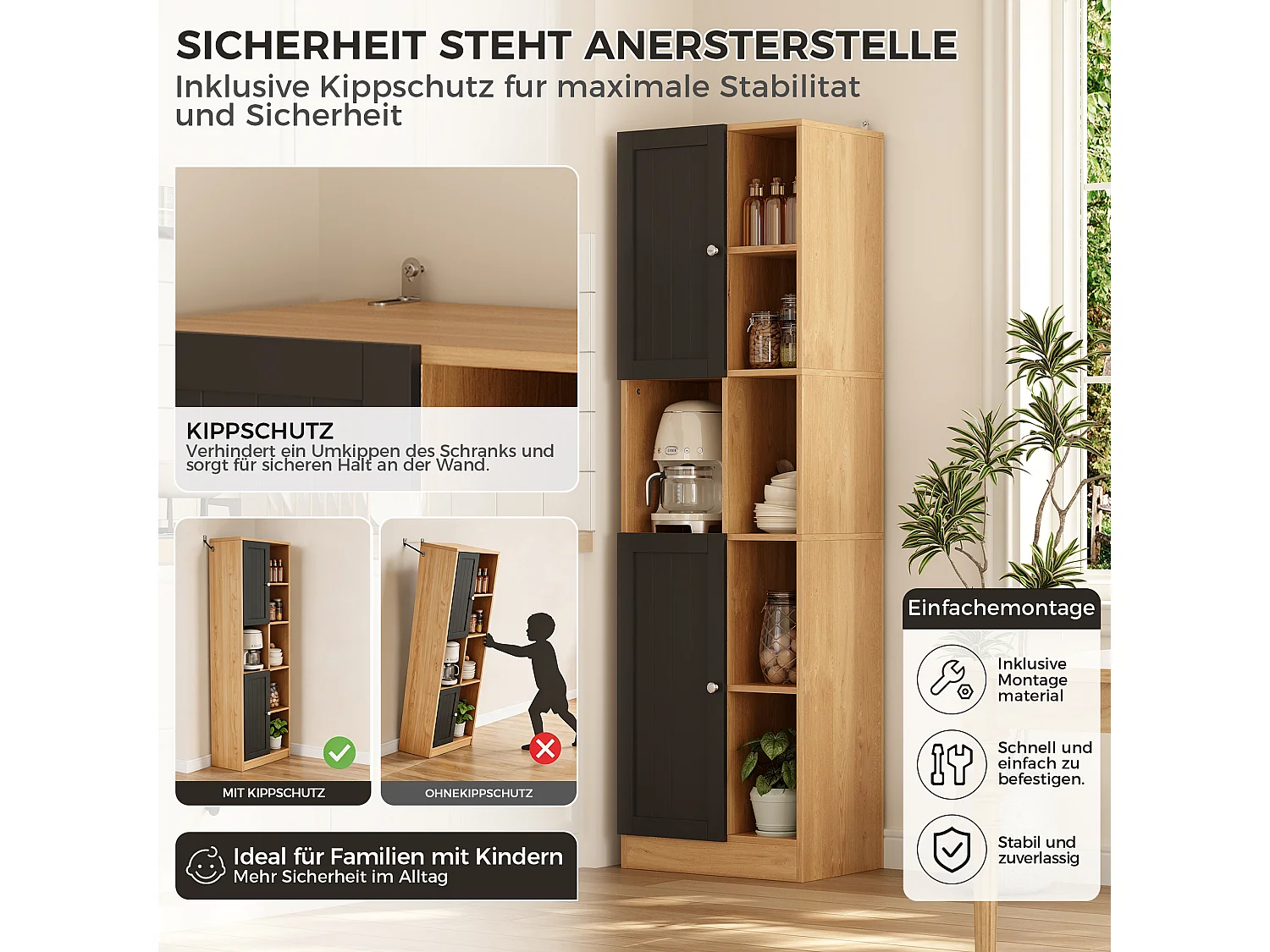 Hoher Küchenschrank mit 6 offenen Regalböden, 2 Türen und verstellbaren Einlegeböden – MDF – 50 x 35,5 x 170 cm – Schwarz