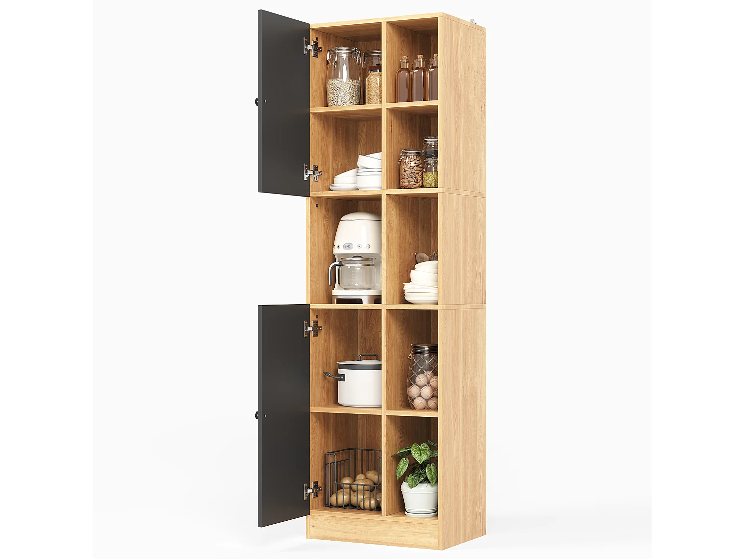 Hoher Küchenschrank mit 6 offenen Regalböden, 2 Türen und verstellbaren Einlegeböden – MDF – 50 x 35,5 x 170 cm – Schwarz