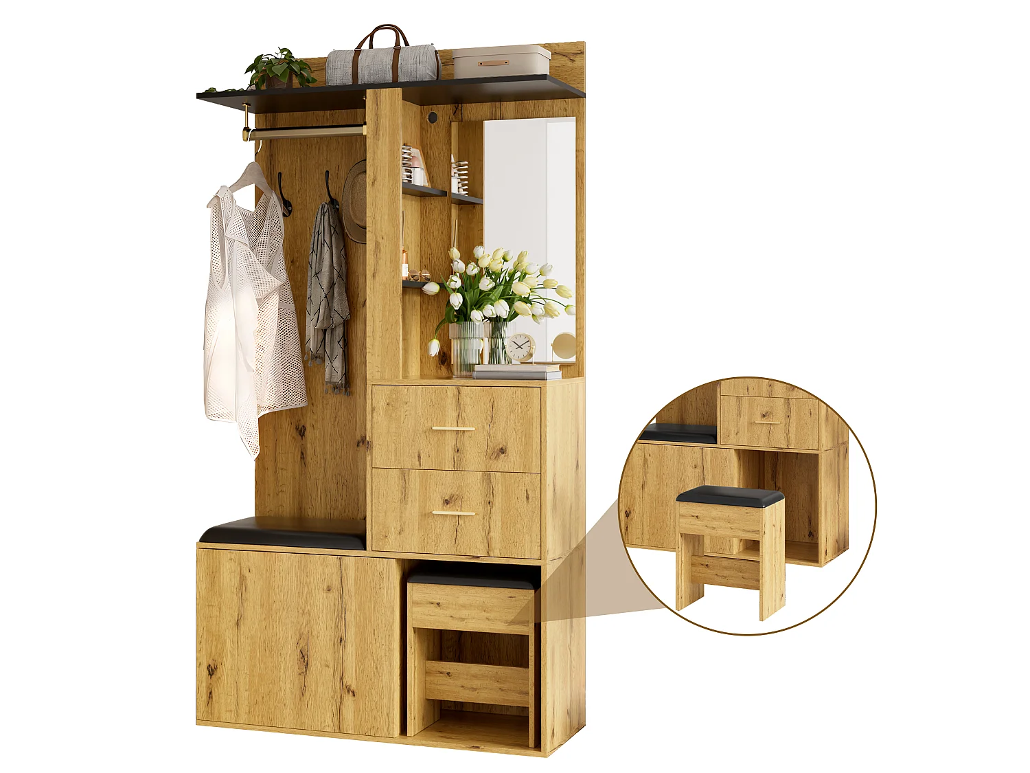 Meuble à chaussures avec miroir, LED, banc, 1 porte, tringle et 2 tiroirs - MDF - 100 x 40 x 172,5 cm - Noir et bois naturel